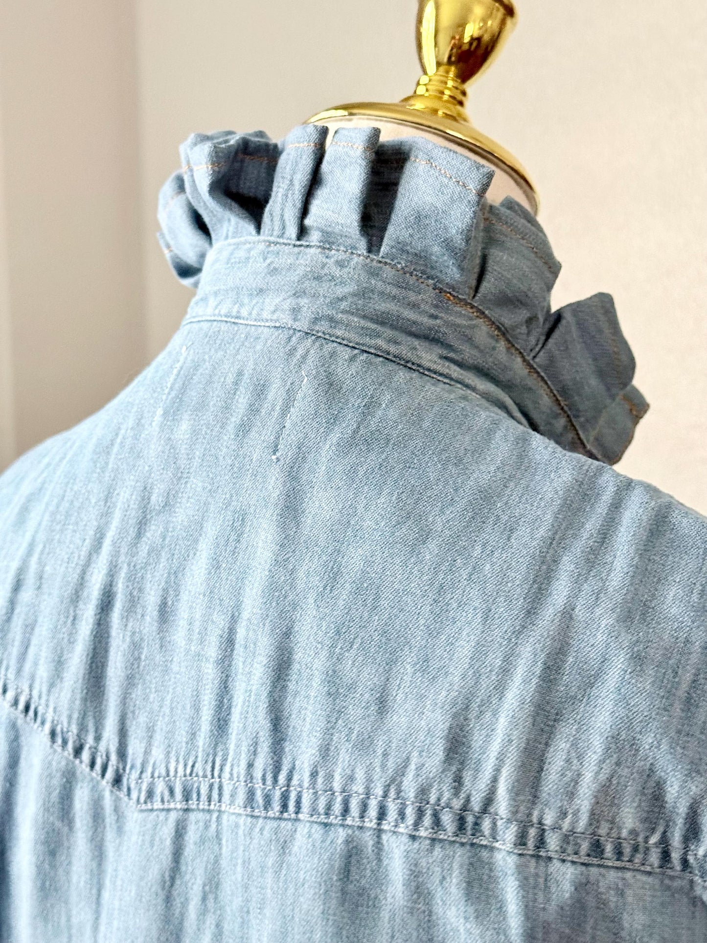 Reworked Pearl Snap Shirt:  Light Wash Denim Ruffle Collar Top Classic Fit