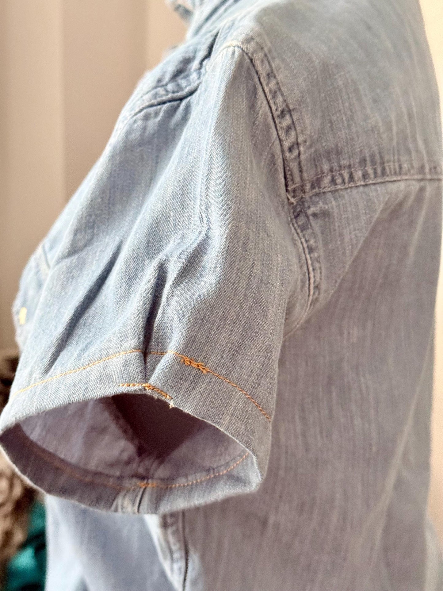 Reworked Pearl Snap Shirt:  Light Wash Denim Ruffle Collar Top Classic Fit