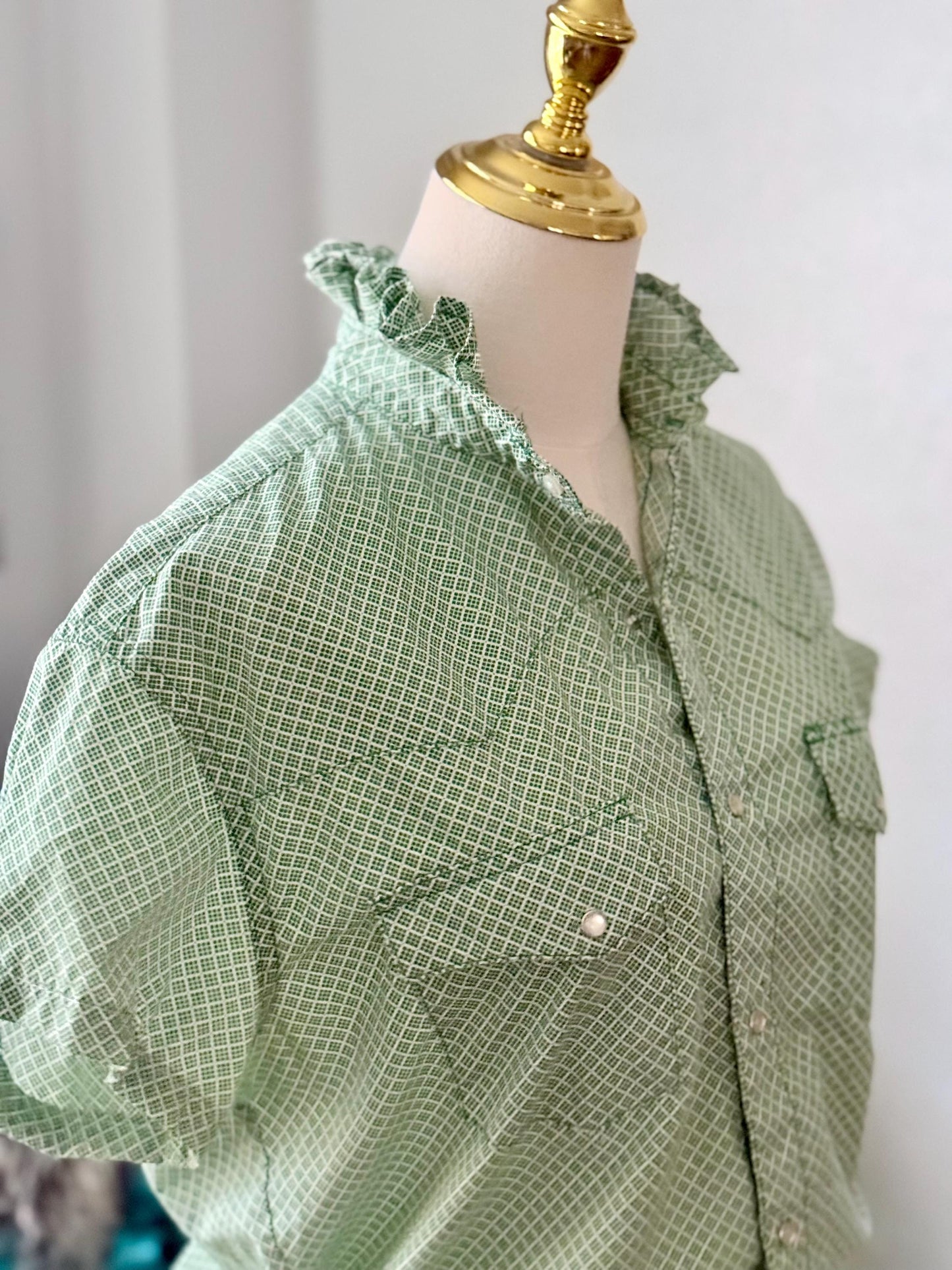 Upcycled Mens to Ladies Pearl Snap Ruffle Collar Top | Reworked Handmade Shirt