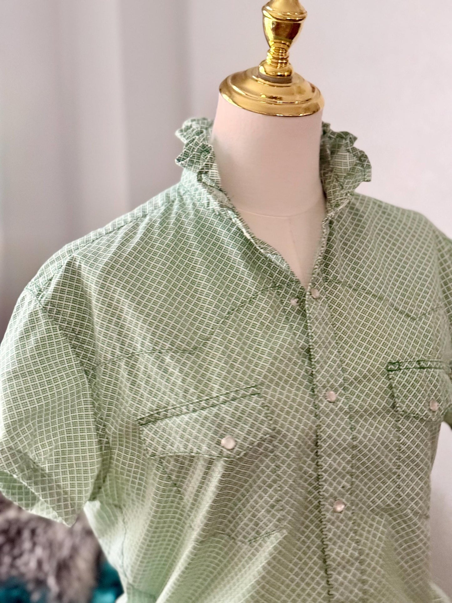 Upcycled Mens to Ladies Pearl Snap Ruffle Collar Top | Reworked Handmade Shirt