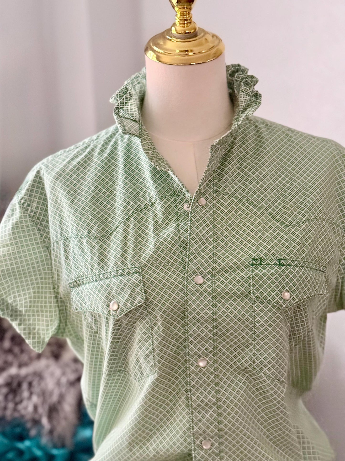 Upcycled Mens to Ladies Pearl Snap Ruffle Collar Top | Reworked Handmade Shirt