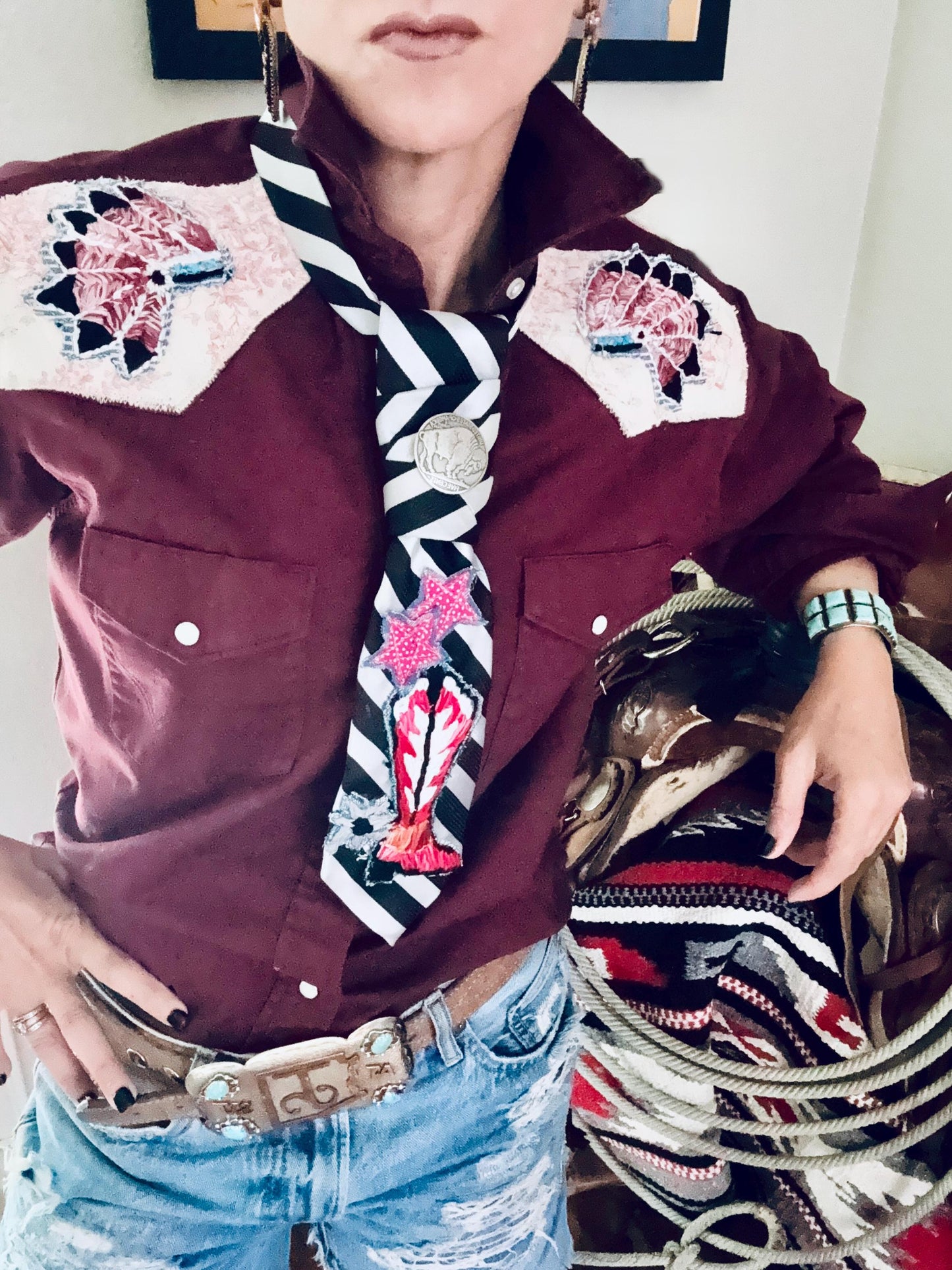 Handmade Cowboy Boot & Buffalo Nickel Tie,  handmade appliqué, button adjustable