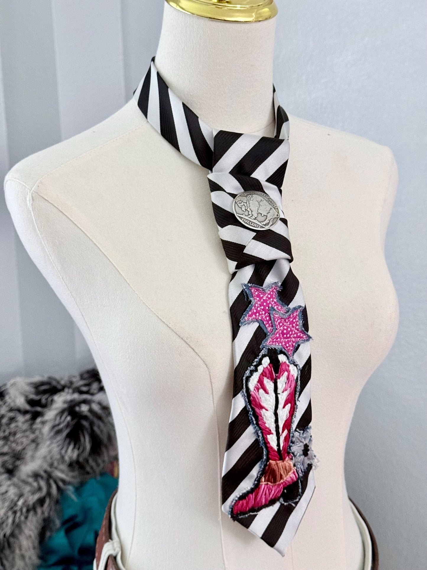 Handmade Cowboy Boot & Buffalo Nickel Tie,  handmade appliqué, button adjustable