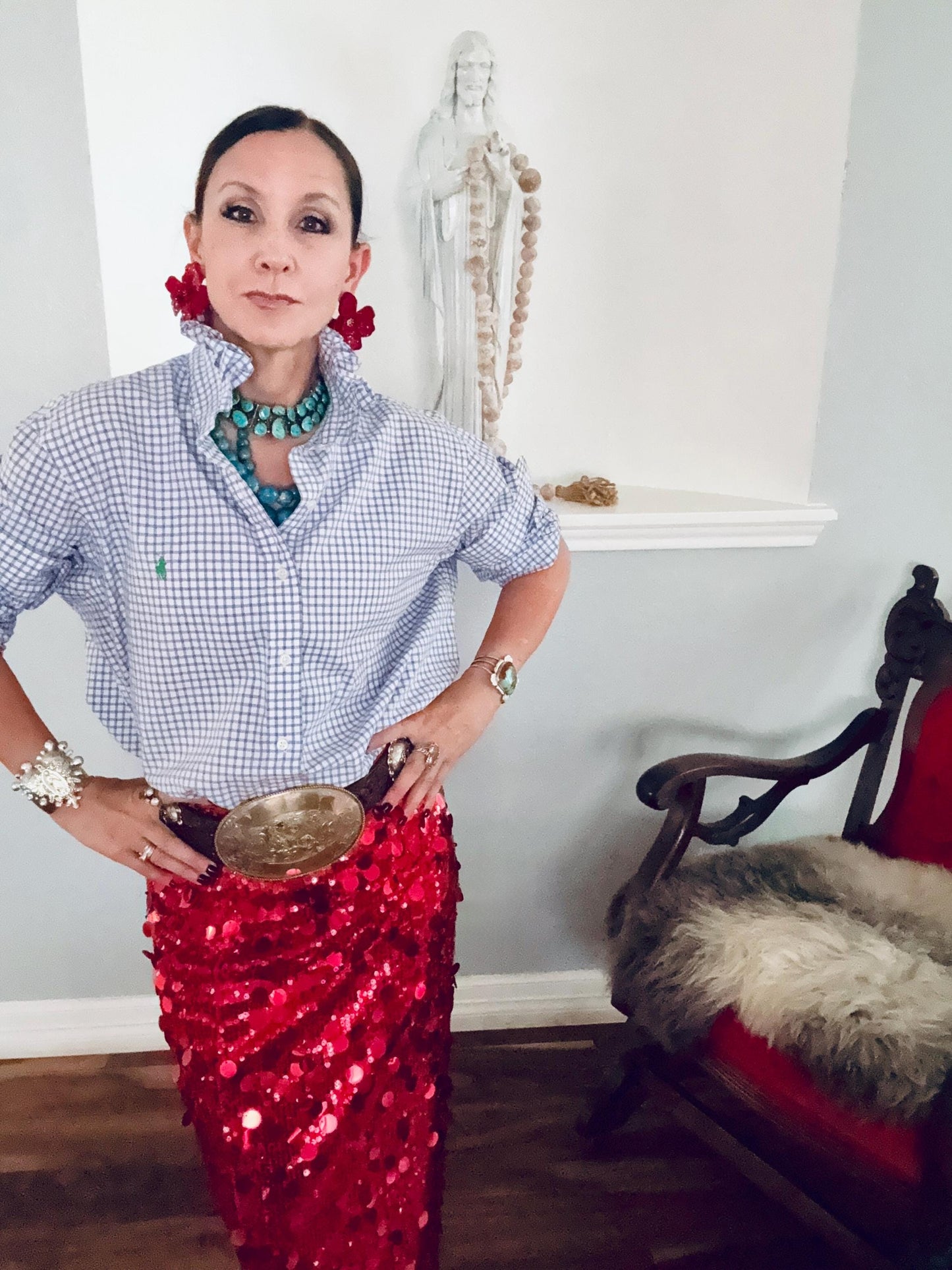 Reworked Ralph Lauren Plaid Shirt, Ruffle Collar Top, Classic Fit