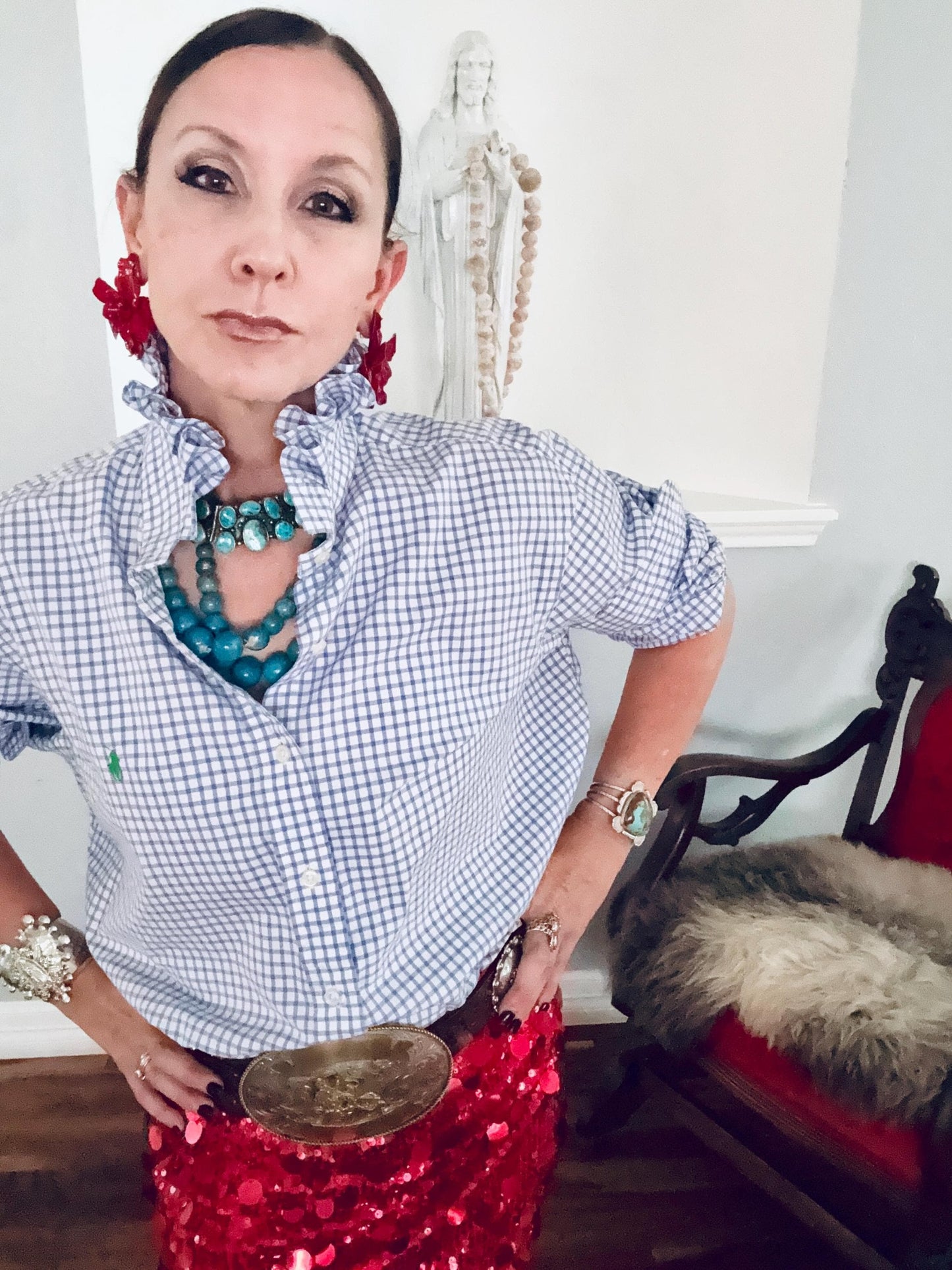 Reworked Ralph Lauren Plaid Shirt, Ruffle Collar Top, Classic Fit