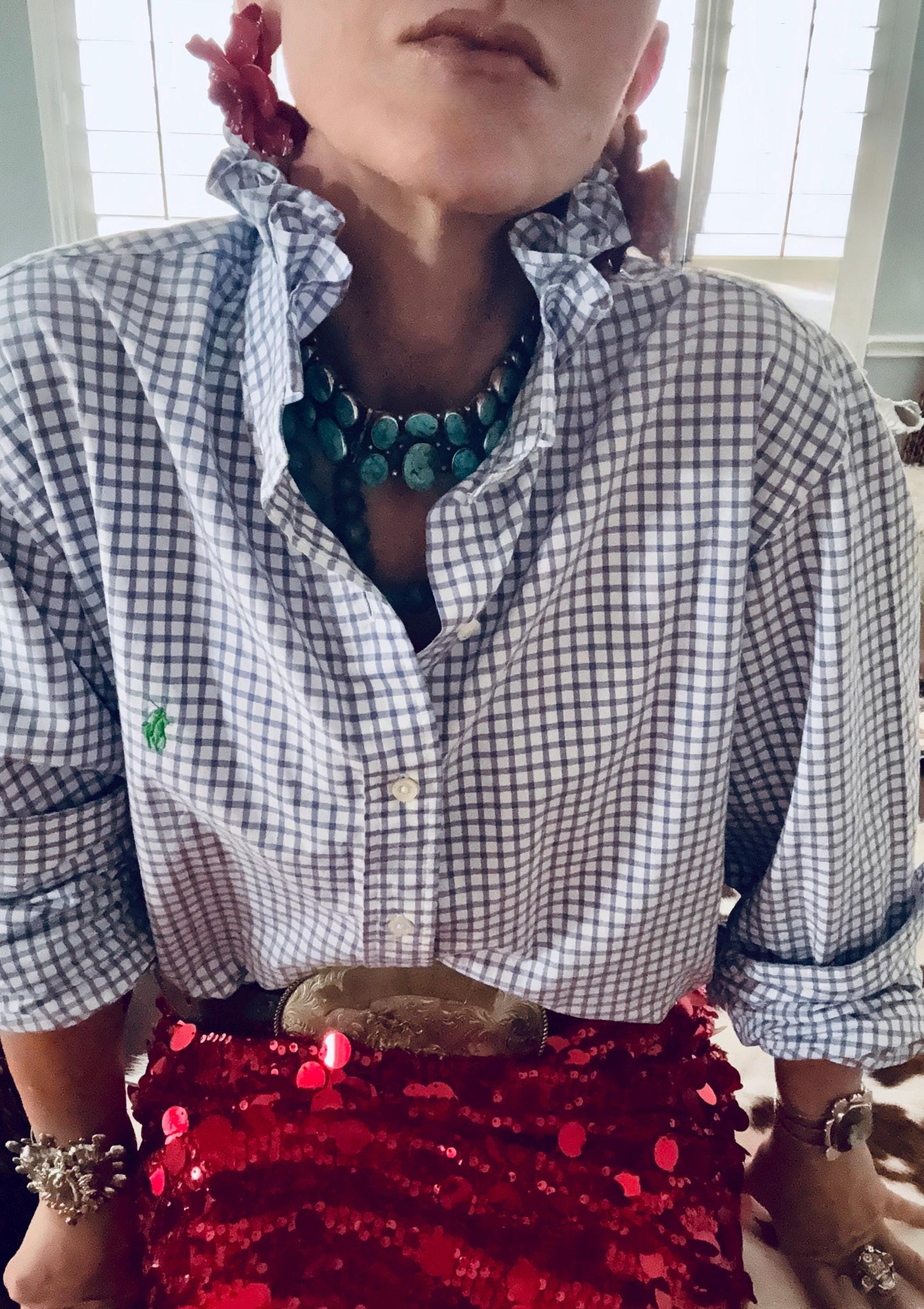 Reworked Ralph Lauren Plaid Shirt, Ruffle Collar Top, Classic Fit