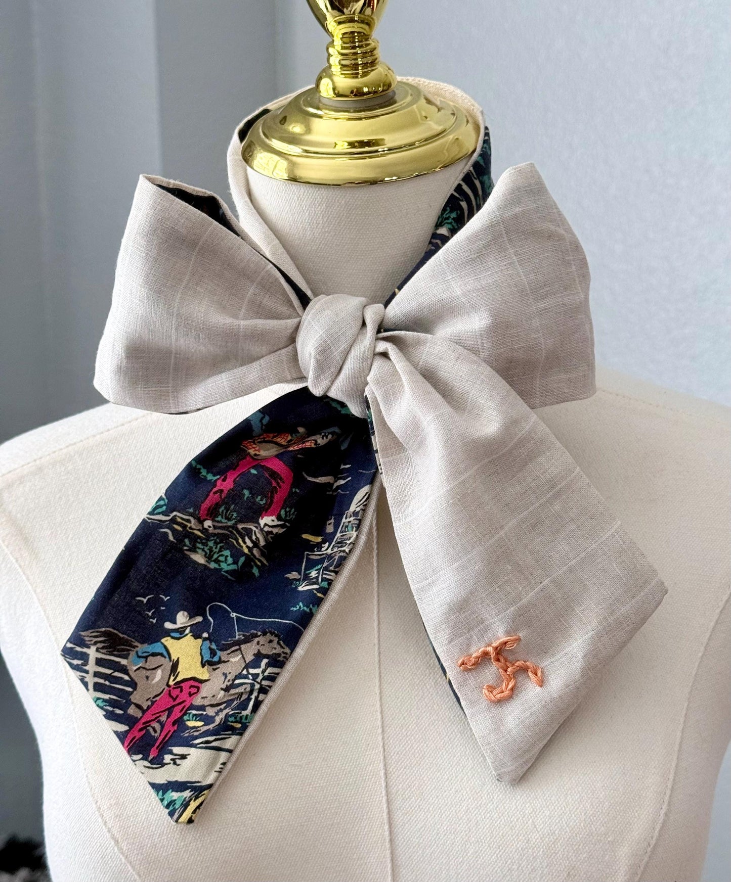Handmade Linen Skinnyish Scarf, Western Cowboy Ranch Scene