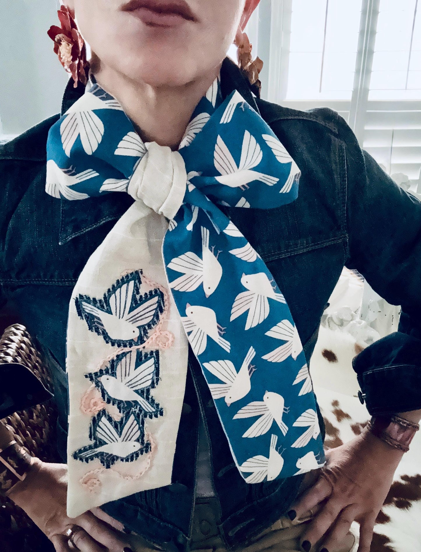 Handmade Linen Skinnyish Scarf, Birds