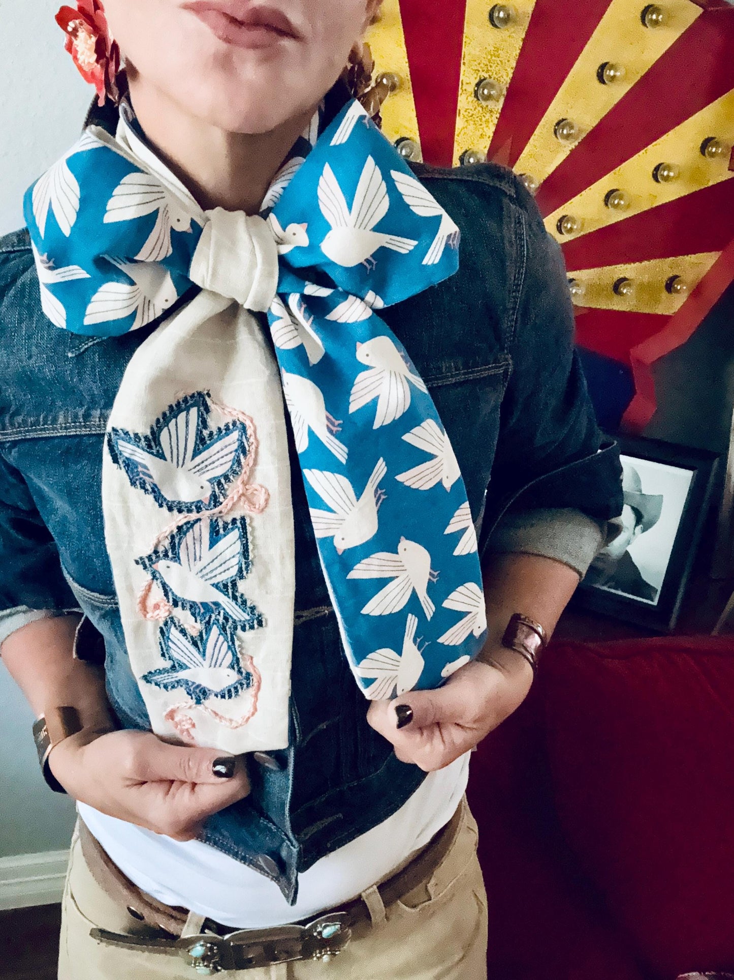 Handmade Linen Skinnyish Scarf, Birds
