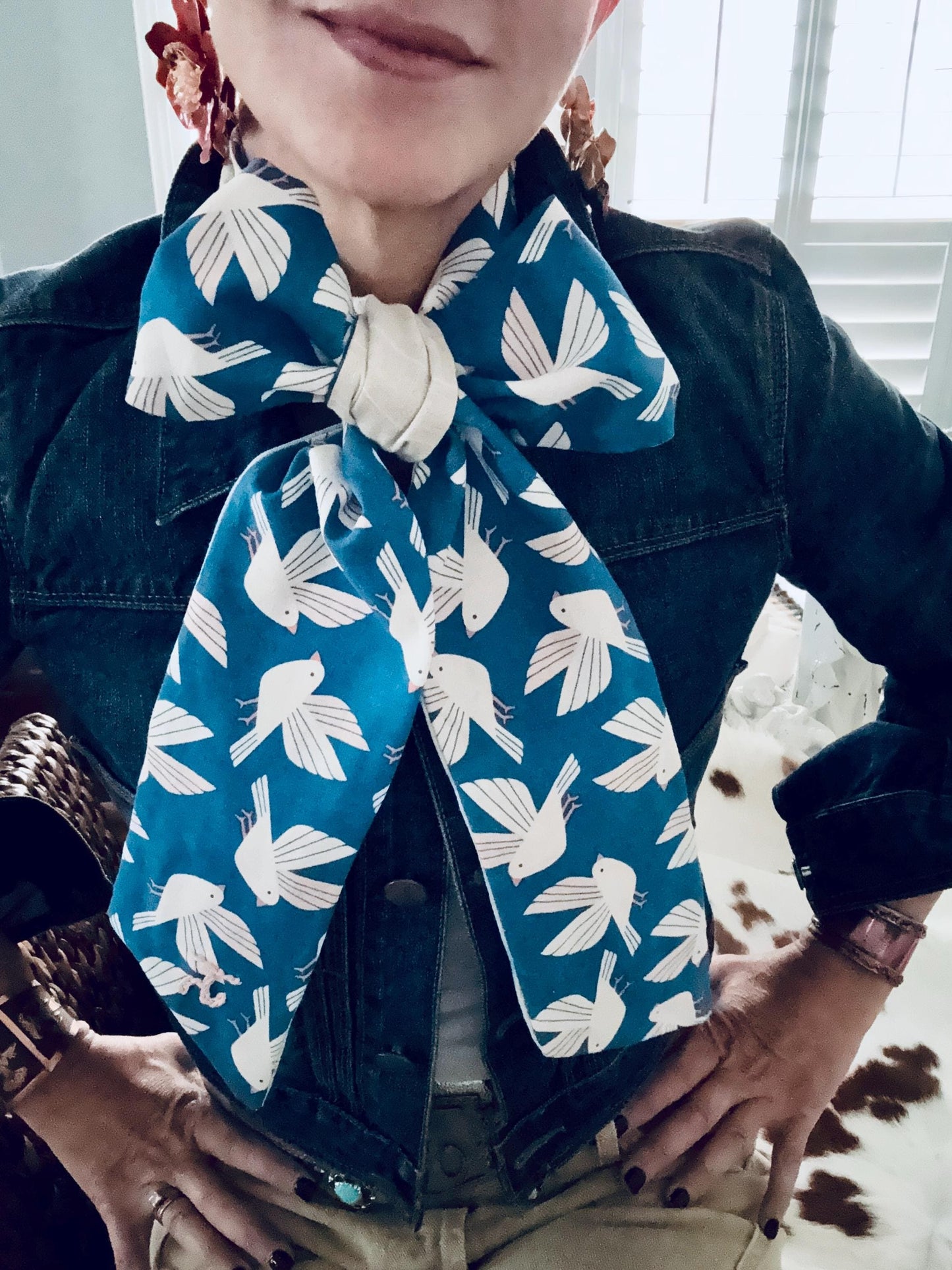 Handmade Linen Skinnyish Scarf, Birds