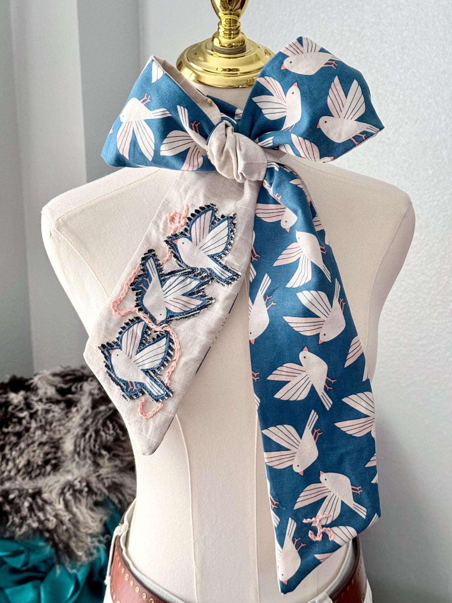 Handmade Linen Skinnyish Scarf, Birds