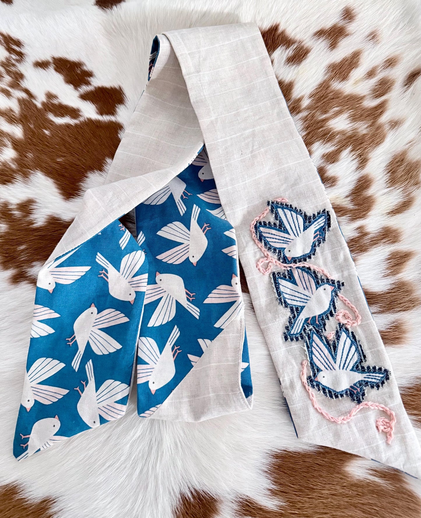 Handmade Linen Skinnyish Scarf, Birds