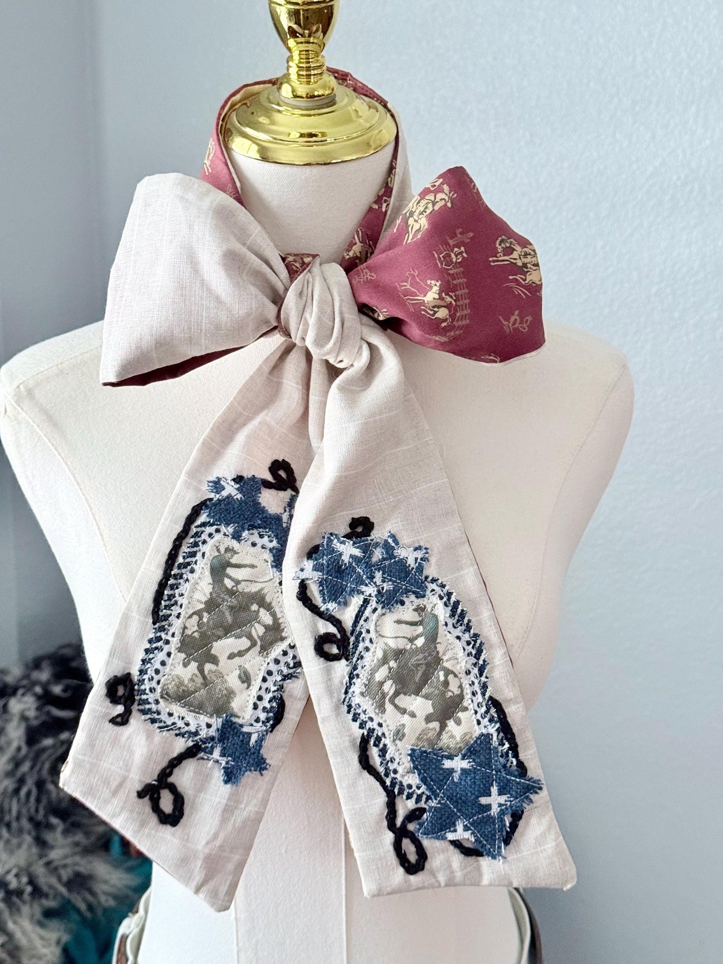 Handmade Linen Skinnyish Scarf, Buckin' Bronco