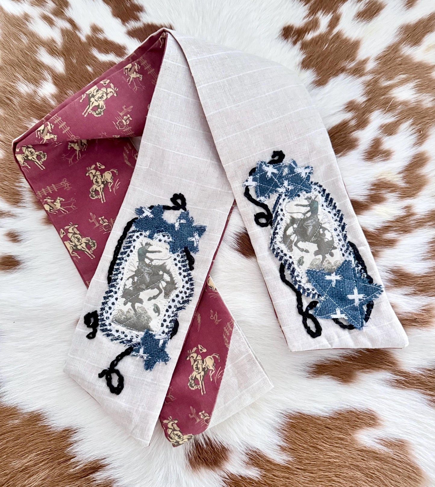 Handmade Linen Skinnyish Scarf, Buckin' Bronco