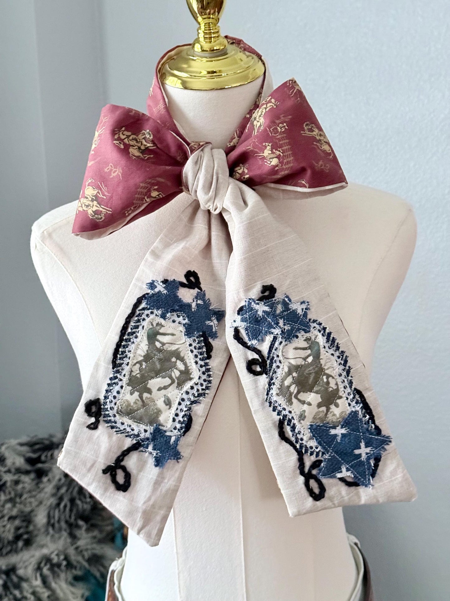 Handmade Linen Skinnyish Scarf, Buckin' Bronco