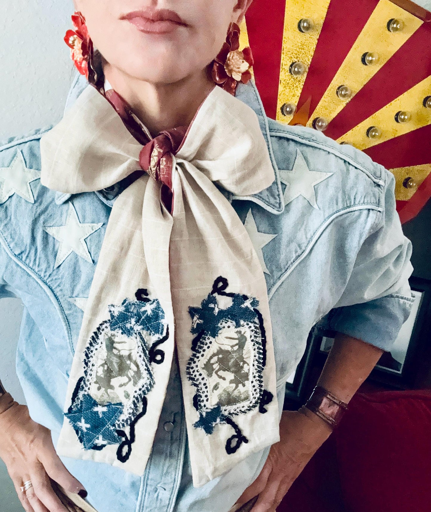 Handmade Linen Skinnyish Scarf, Buckin' Bronco