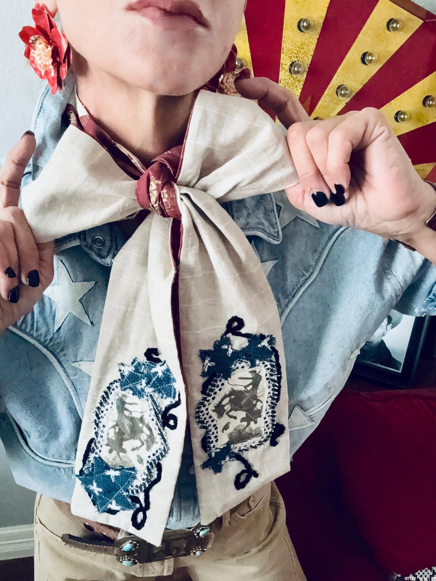 Handmade Linen Skinnyish Scarf, Buckin' Bronco