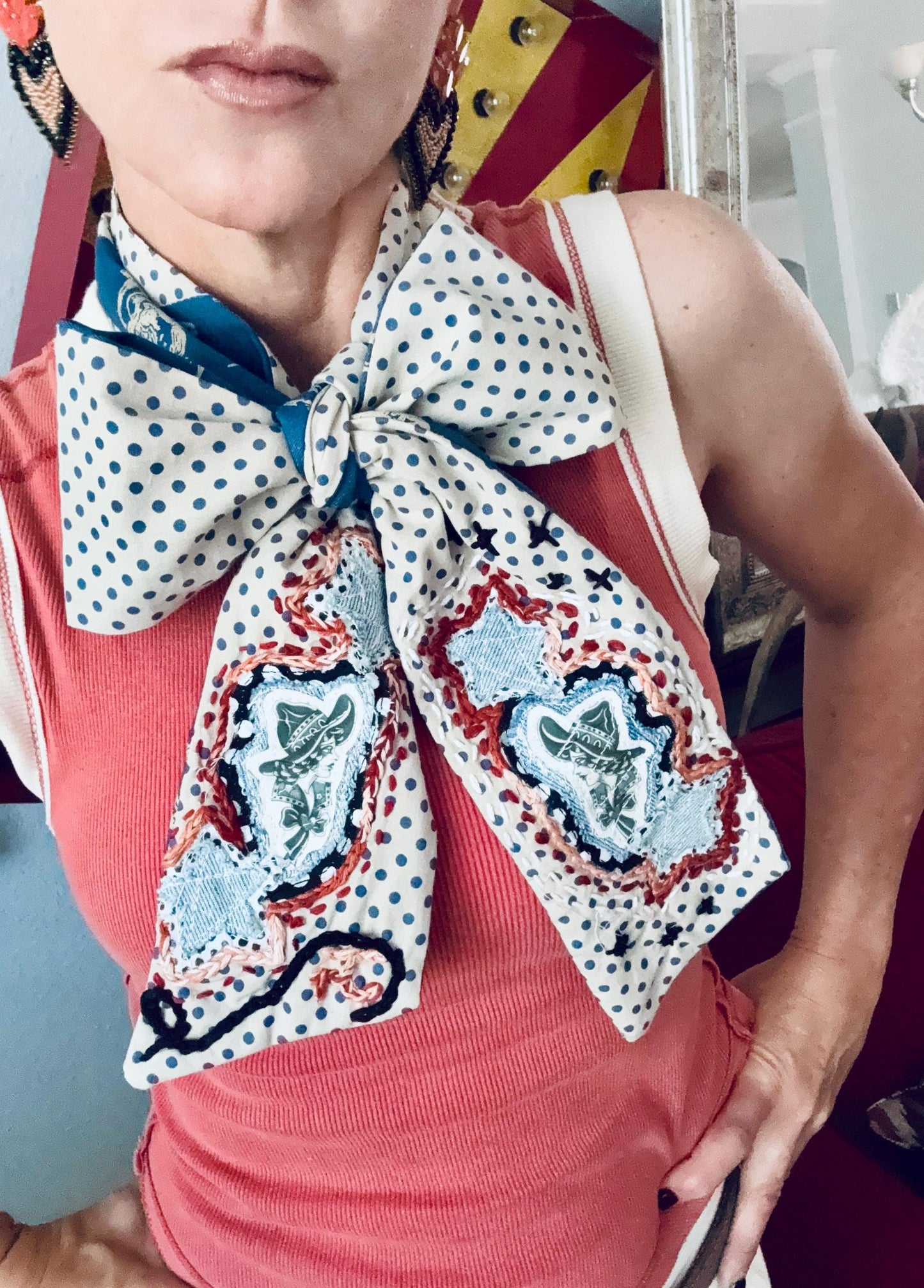 Handmade Retro Western Scarf, Western CowGIRL Appliqué Embroidery