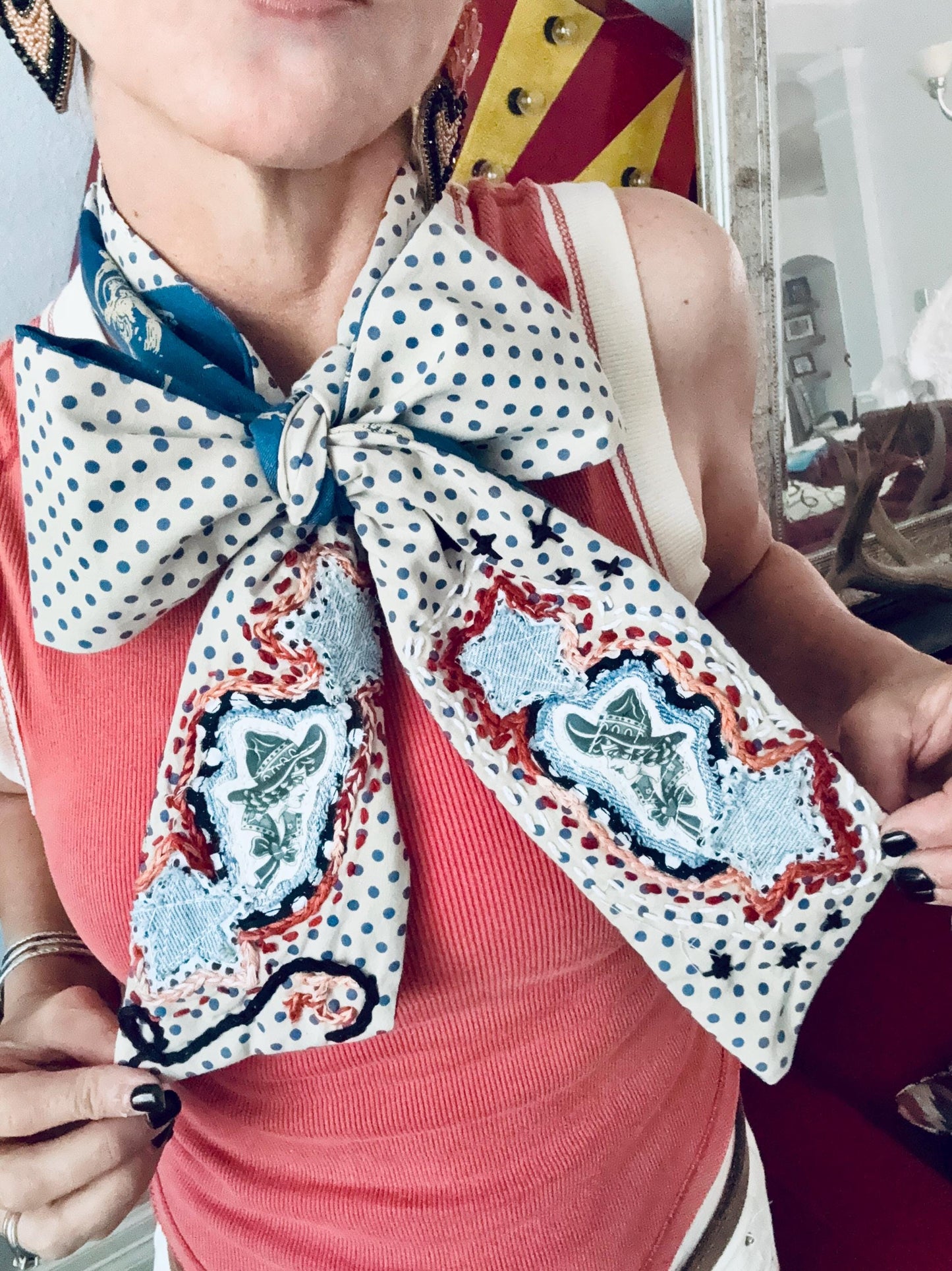 Handmade Retro Western Scarf, Western CowGIRL Appliqué Embroidery