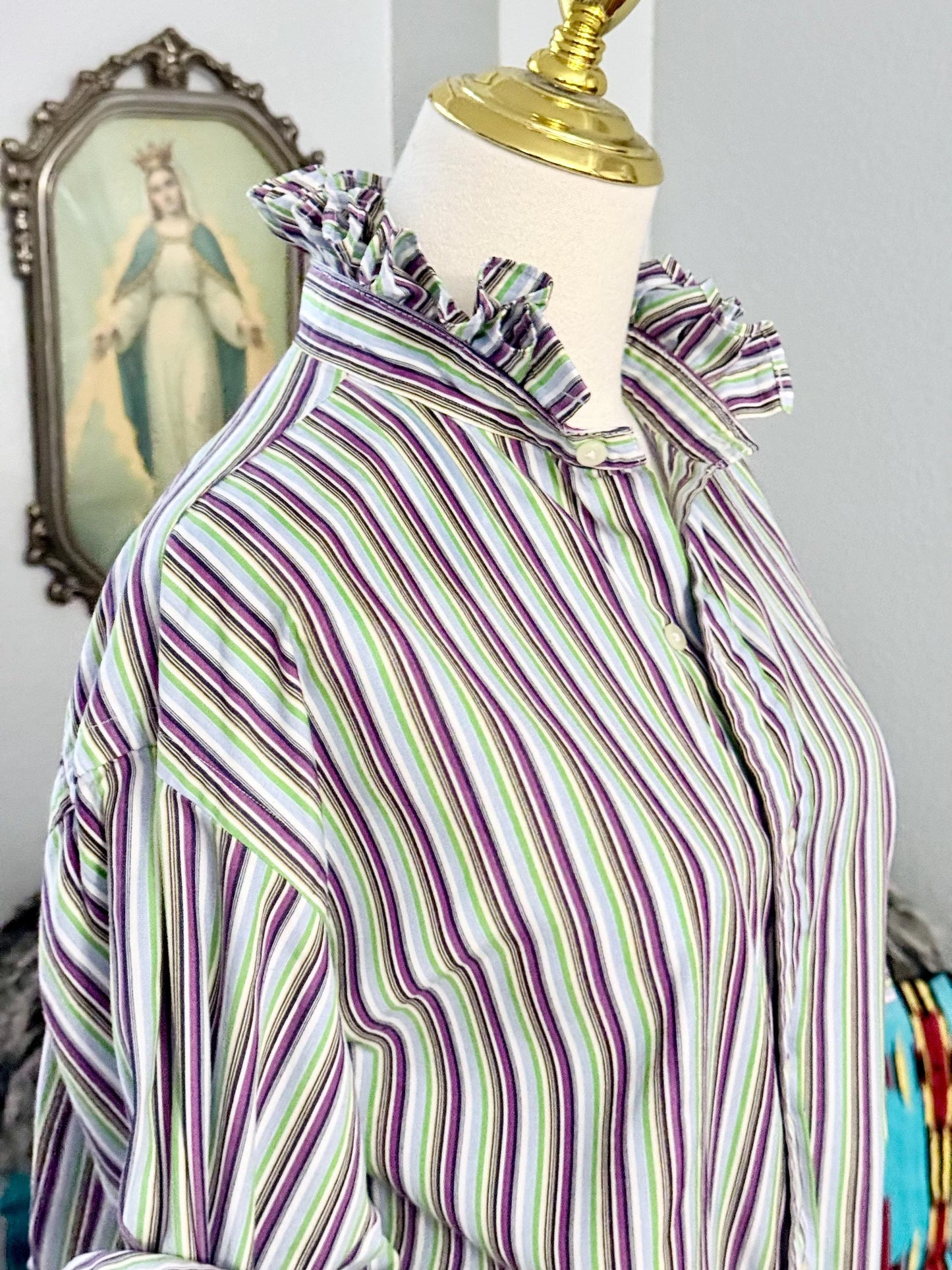 Ralph Lauren Multi Colored Reworked Shirt:  Striped Ruffle Collar Top Classic Fit