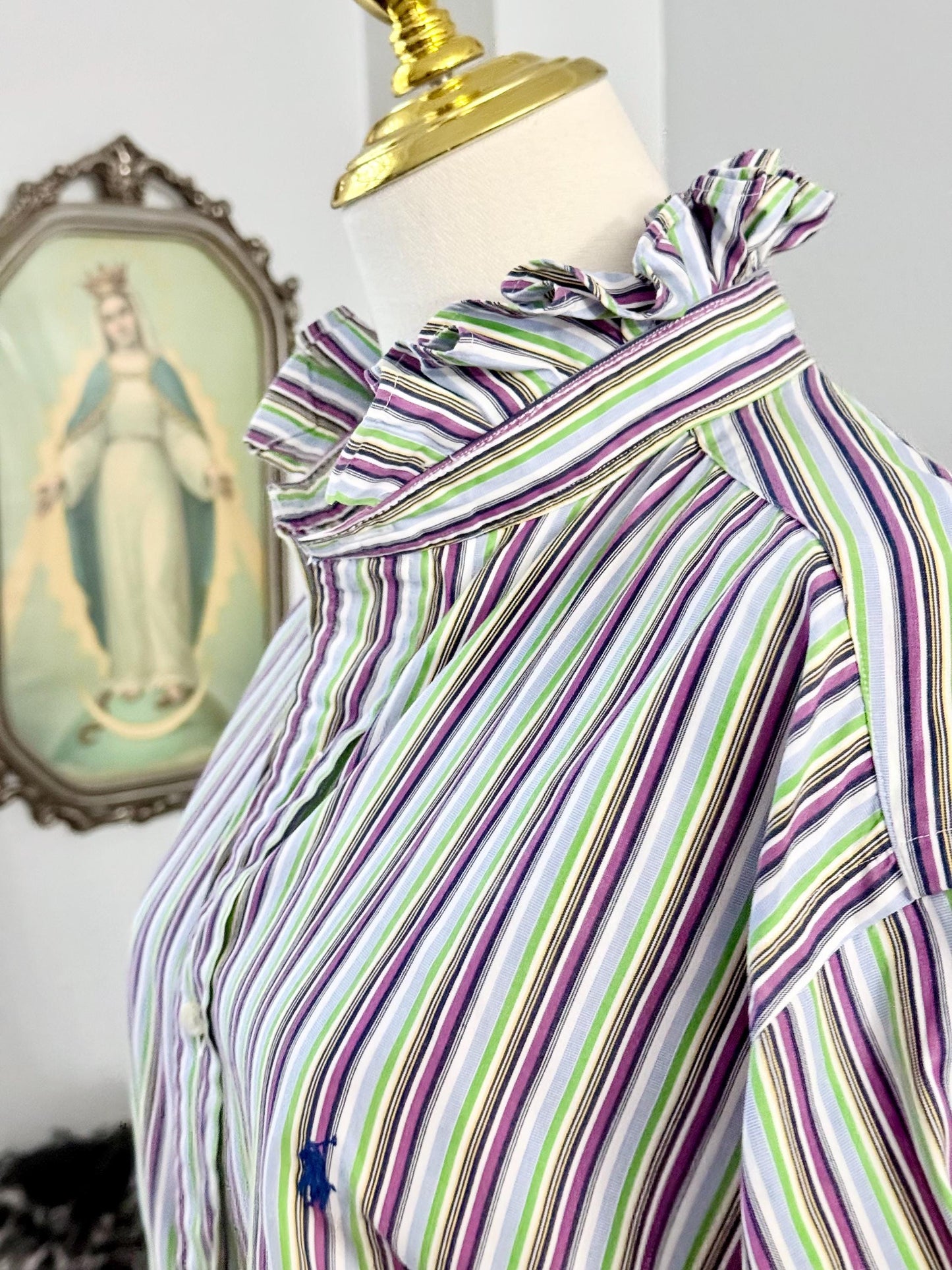 Ralph Lauren Multi Colored Reworked Shirt:  Striped Ruffle Collar Top Classic Fit