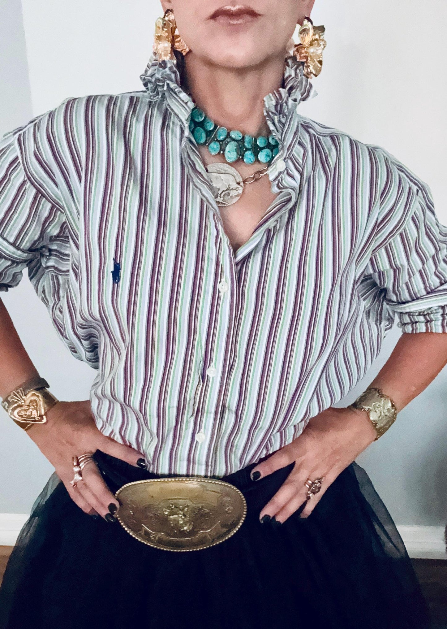 Ralph Lauren Multi Colored Reworked Shirt:  Striped Ruffle Collar Top Classic Fit