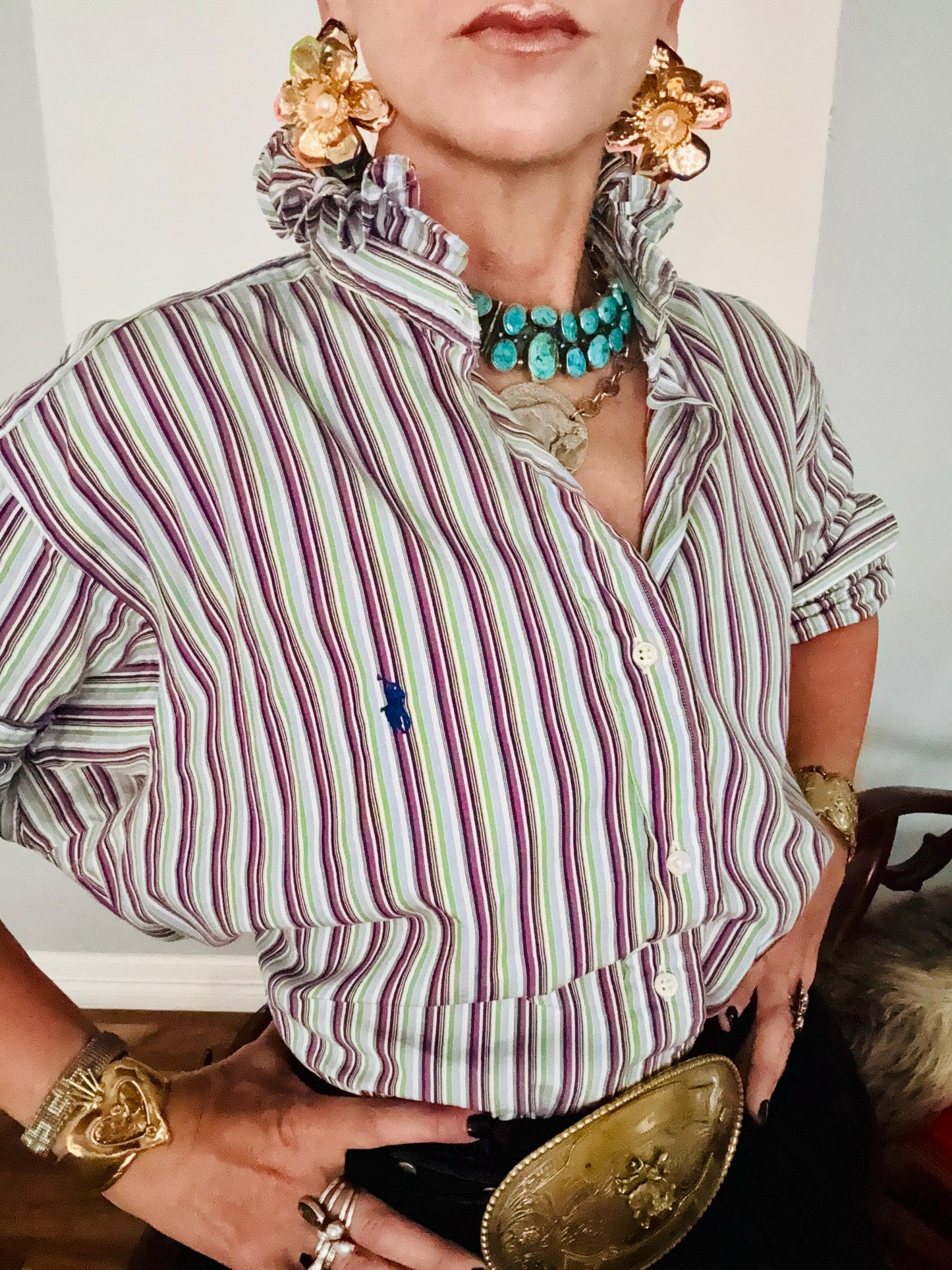 Ralph Lauren Multi Colored Reworked Shirt:  Striped Ruffle Collar Top Classic Fit