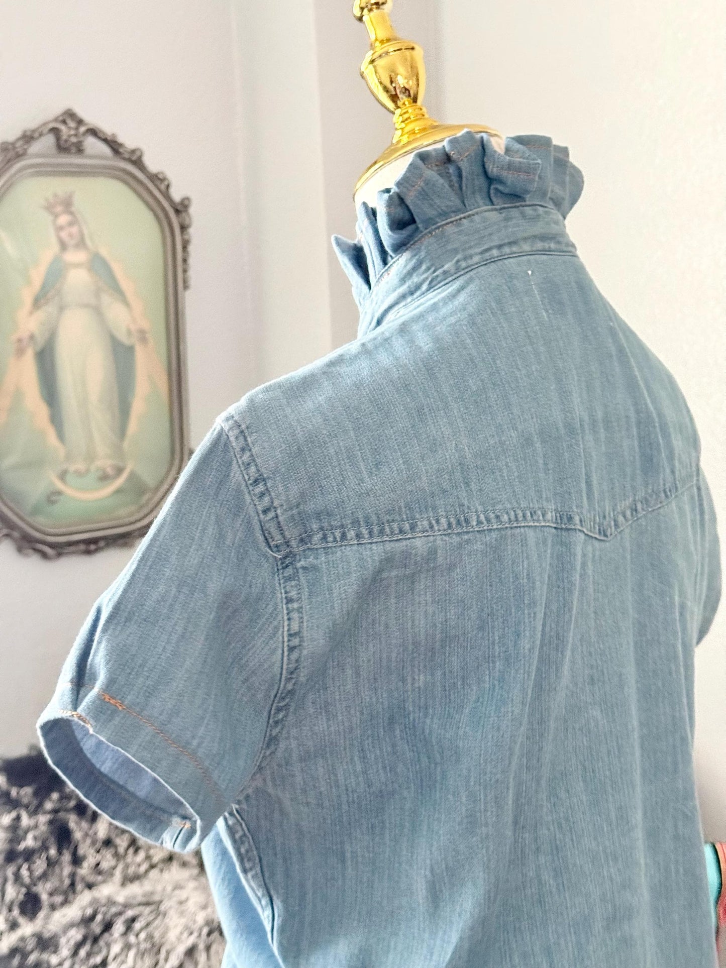Reworked Pearl Snap Shirt:  Light Wash Denim Ruffle Collar Top Classic Fit