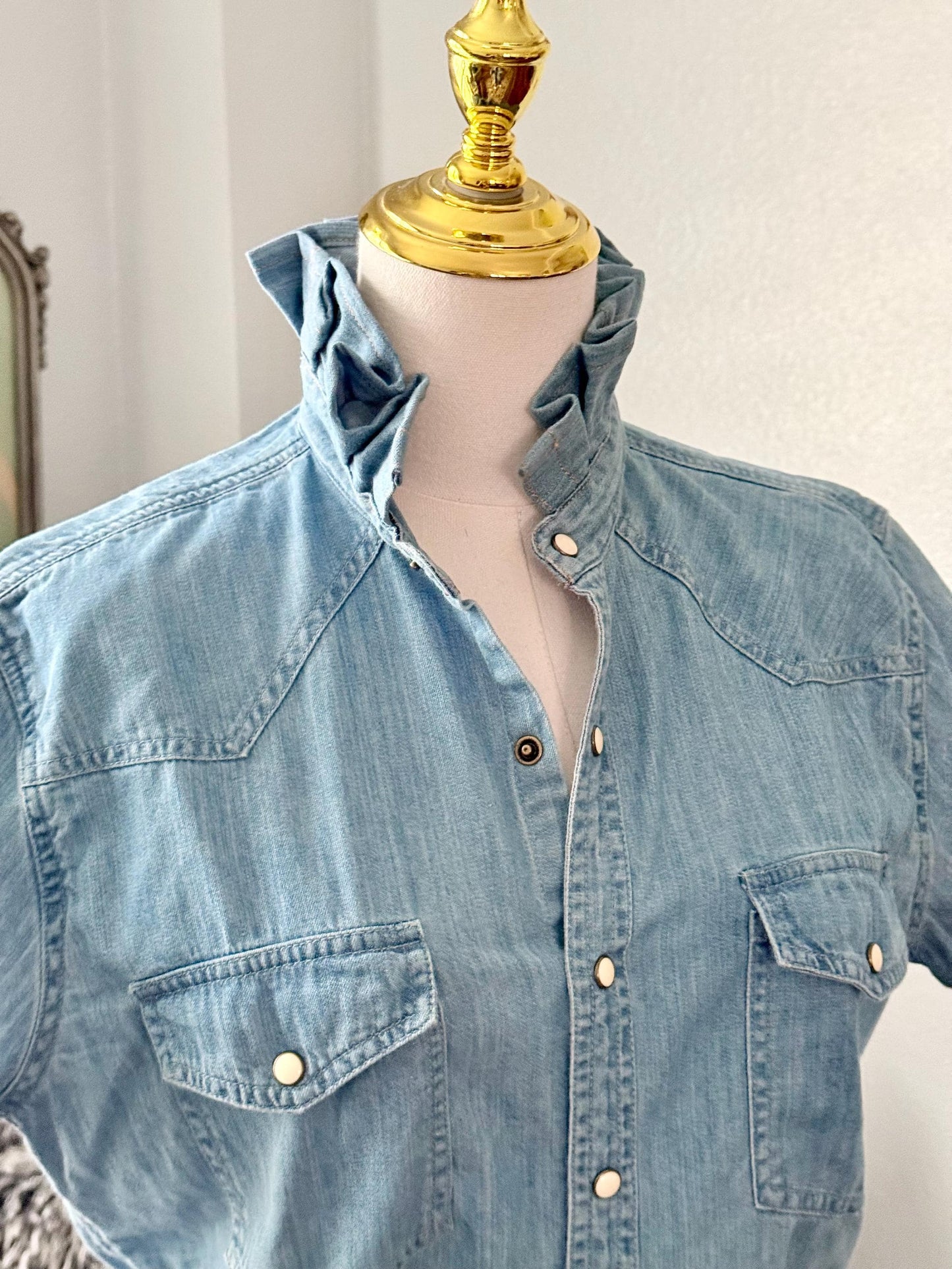 Reworked Pearl Snap Shirt:  Light Wash Denim Ruffle Collar Top Classic Fit
