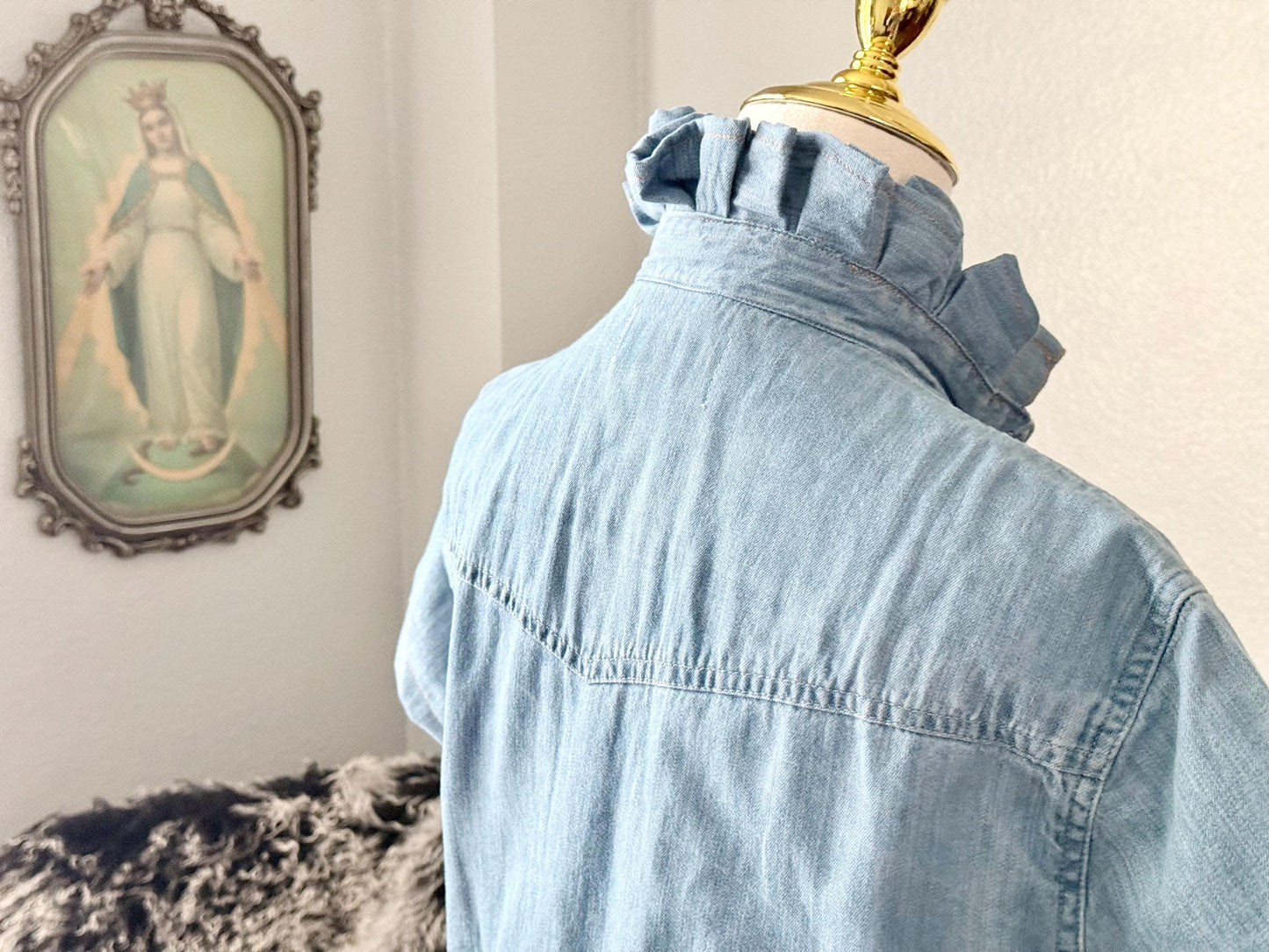 Reworked Pearl Snap Shirt:  Light Wash Denim Ruffle Collar Top Classic Fit