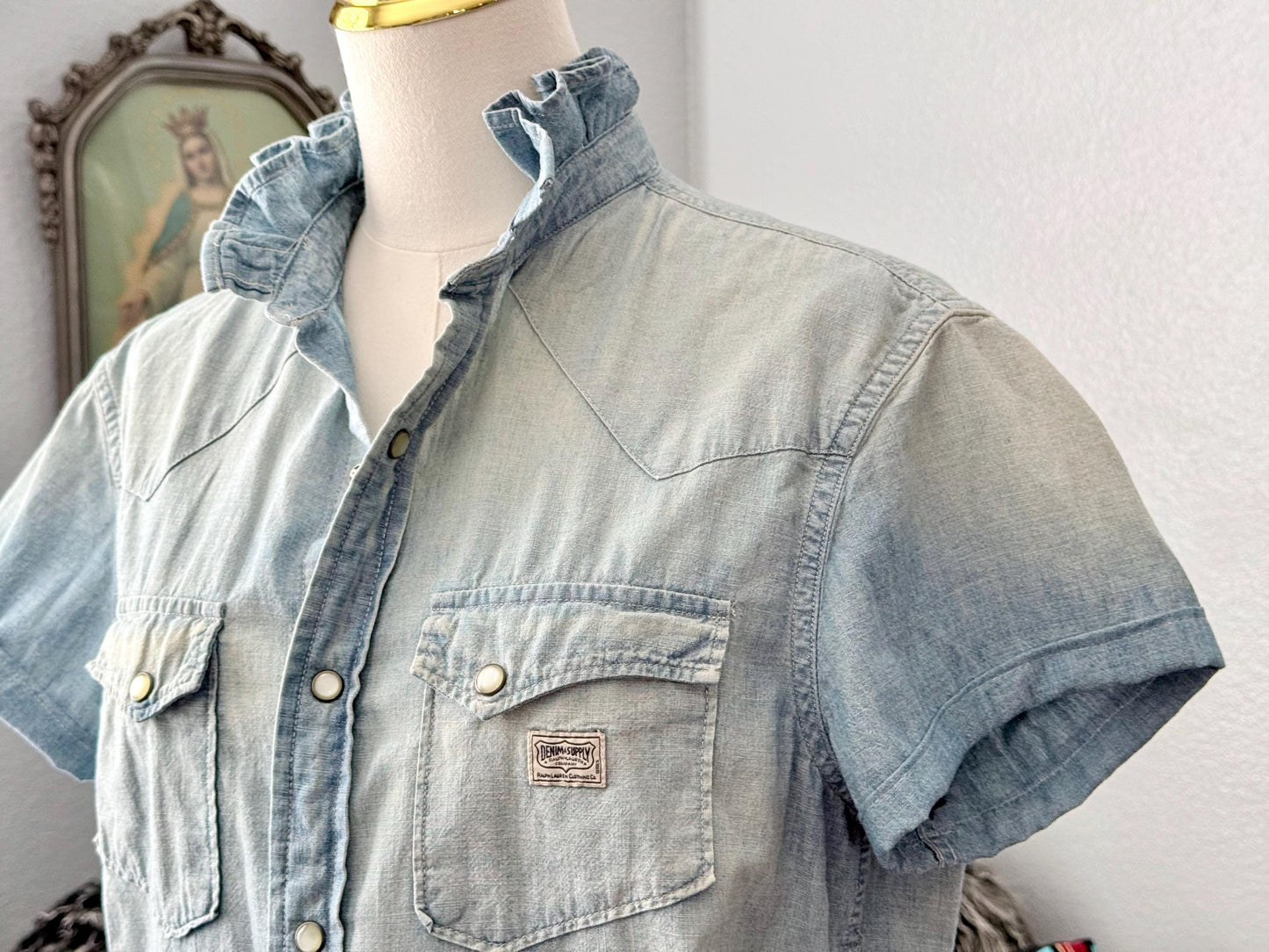 Reworked Ralph Lauren Pearl Snap Shirt:  Light Wash and Light Weight Denim Ruffle Collar Top Classic Fit