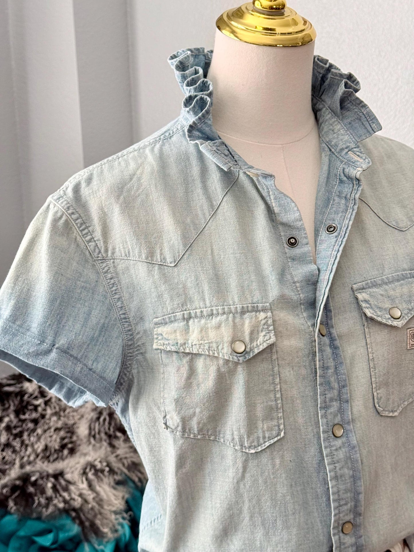 Reworked Ralph Lauren Pearl Snap Shirt:  Light Wash and Light Weight Denim Ruffle Collar Top Classic Fit