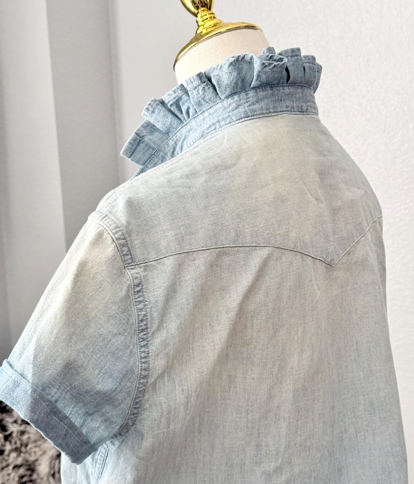 Reworked Ralph Lauren Pearl Snap Shirt:  Light Wash and Light Weight Denim Ruffle Collar Top Classic Fit