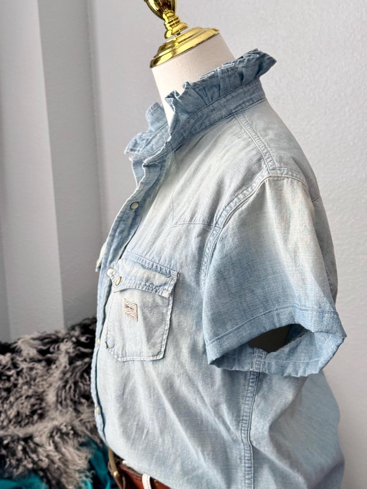 Reworked Ralph Lauren Pearl Snap Shirt:  Light Wash and Light Weight Denim Ruffle Collar Top Classic Fit