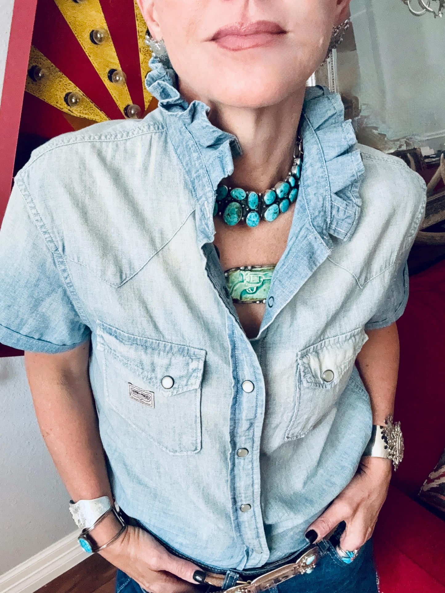 Reworked Ralph Lauren Pearl Snap Shirt:  Light Wash and Light Weight Denim Ruffle Collar Top Classic Fit