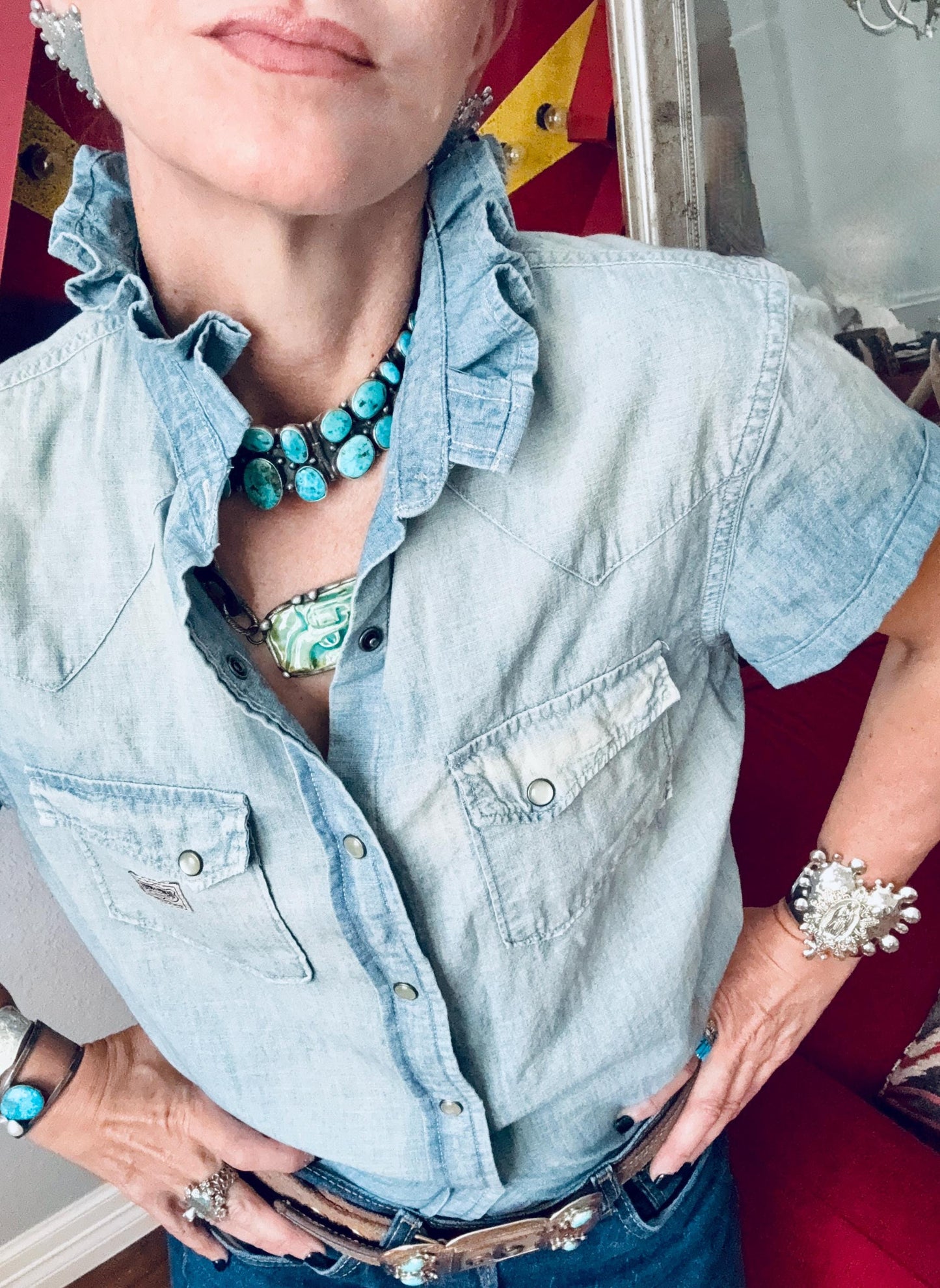 Reworked Ralph Lauren Pearl Snap Shirt:  Light Wash and Light Weight Denim Ruffle Collar Top Classic Fit