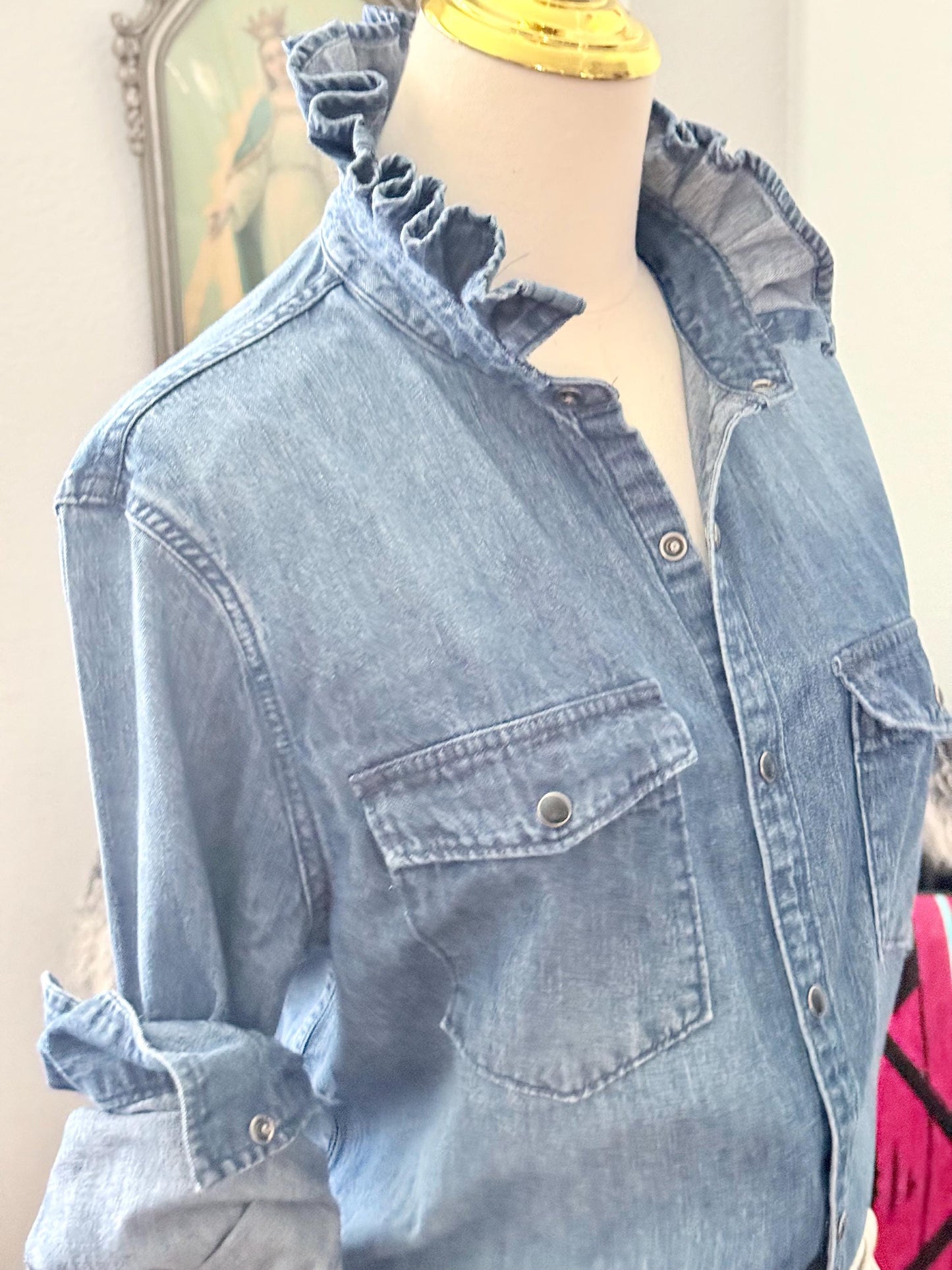 Reworked Medium Wash Denim Snap Ruffle Collar Top