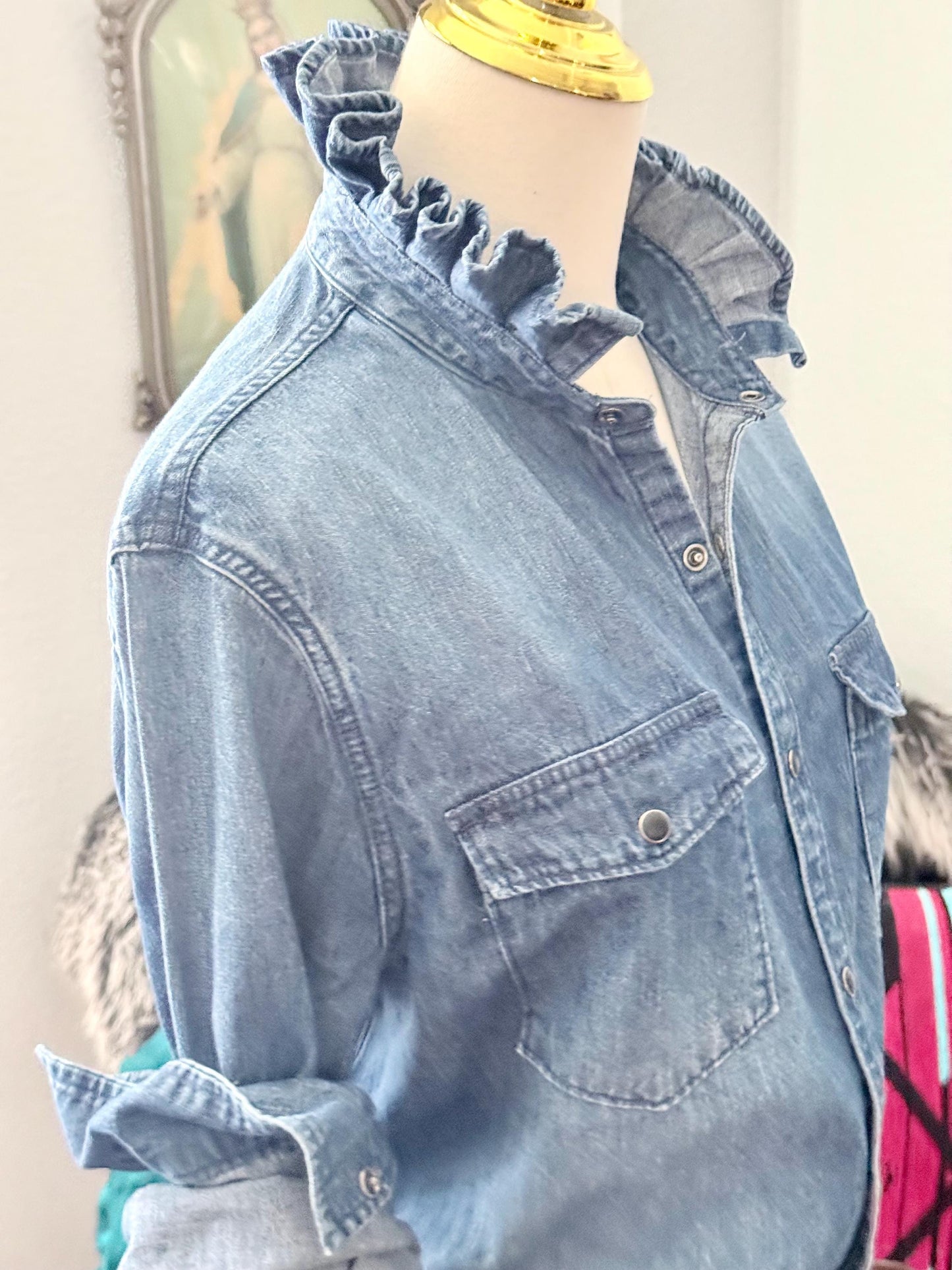 Reworked Medium Wash Denim Snap Ruffle Collar Top