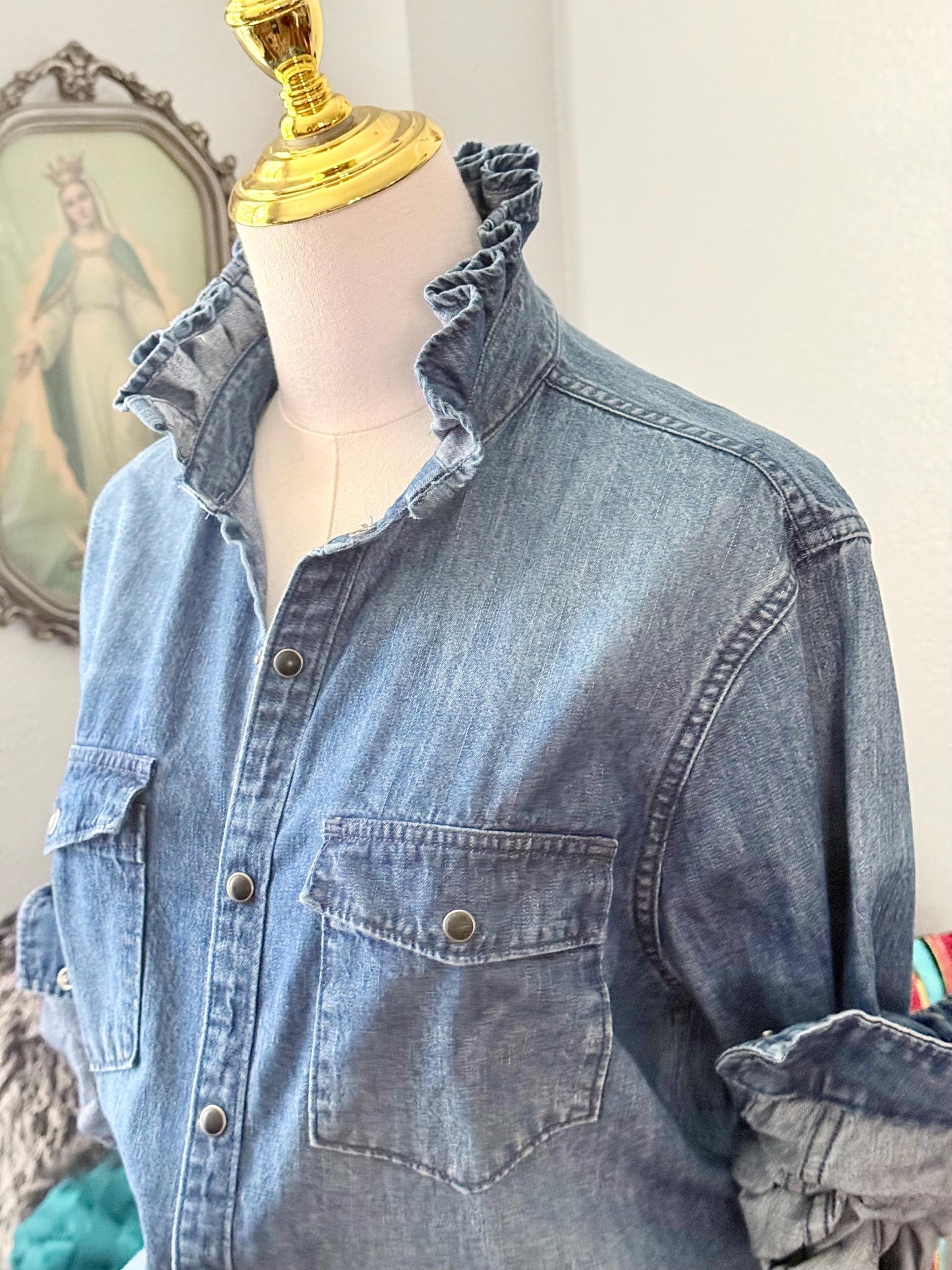 Reworked Medium Wash Denim Snap Ruffle Collar Top