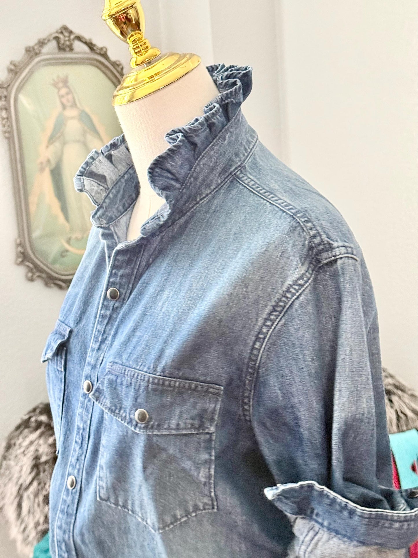 Reworked Medium Wash Denim Snap Ruffle Collar Top