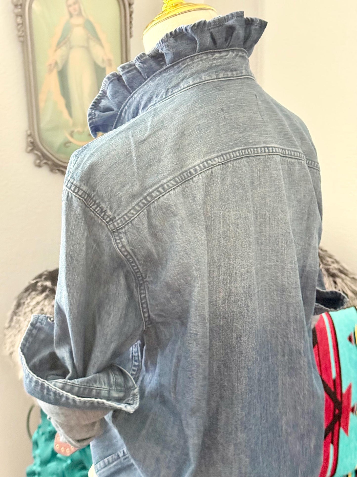 Reworked Medium Wash Denim Snap Ruffle Collar Top