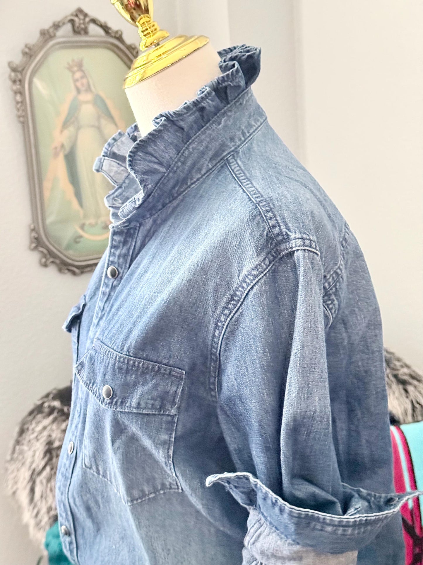 Reworked Medium Wash Denim Snap Ruffle Collar Top