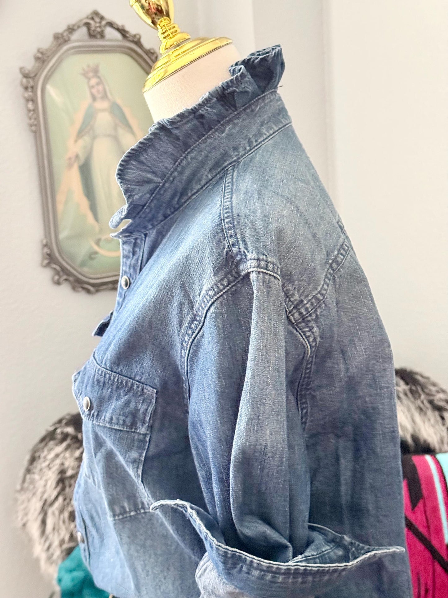 Reworked Medium Wash Denim Snap Ruffle Collar Top