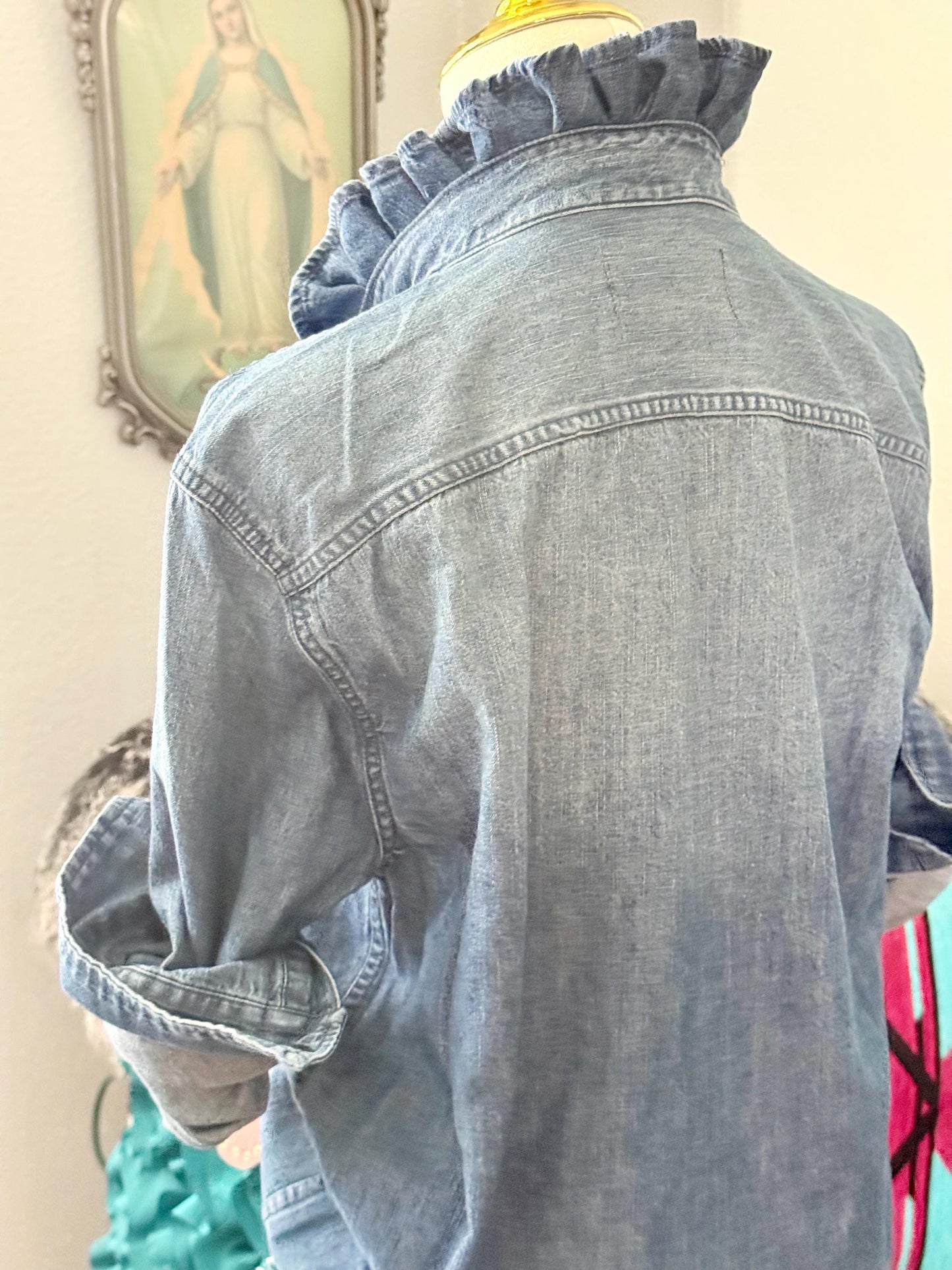 Reworked Medium Wash Denim Snap Ruffle Collar Top