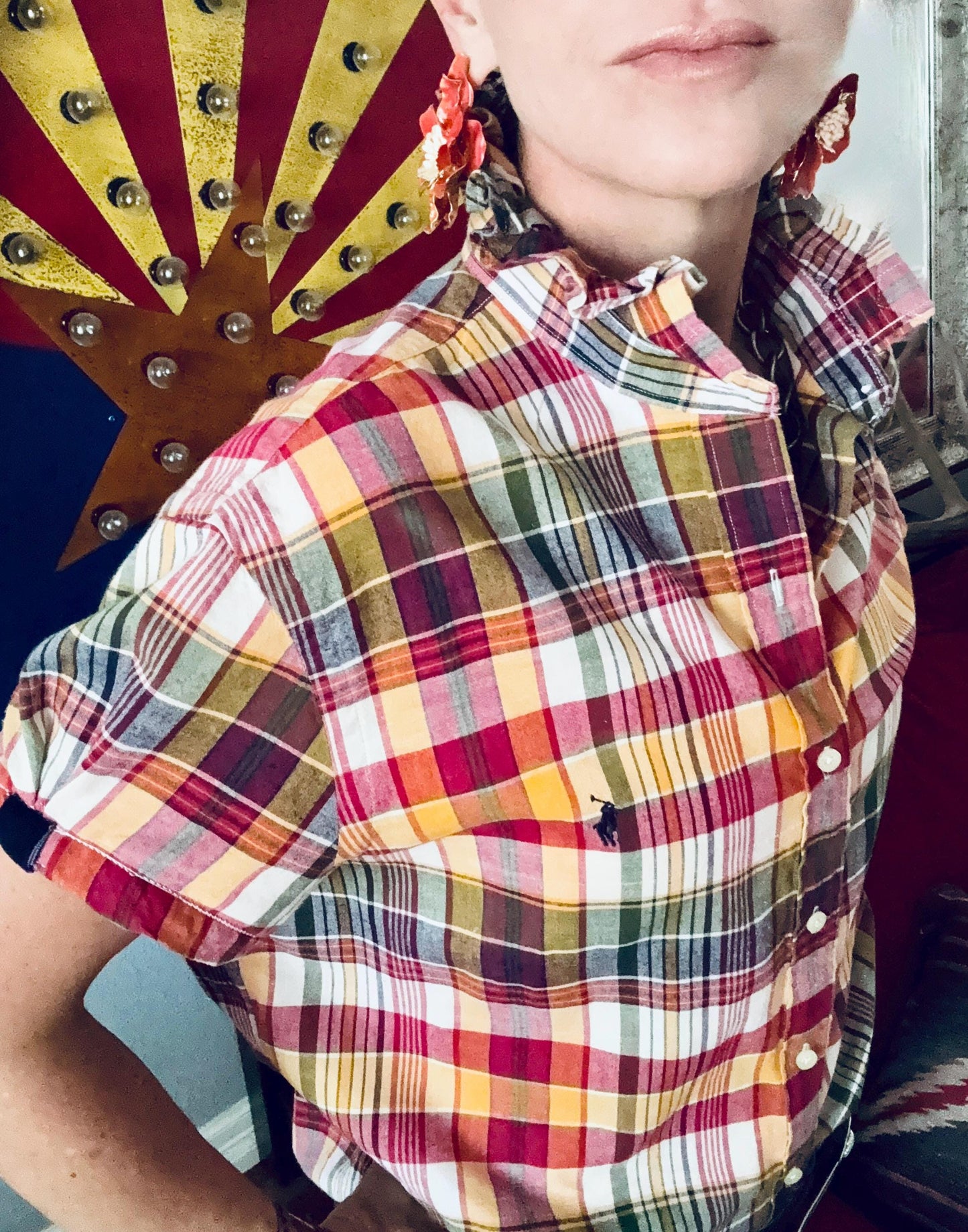 Fuchsia and Orange Plaid Ralph Lauren: Reworked Ruffle Collar Classic Fit Top