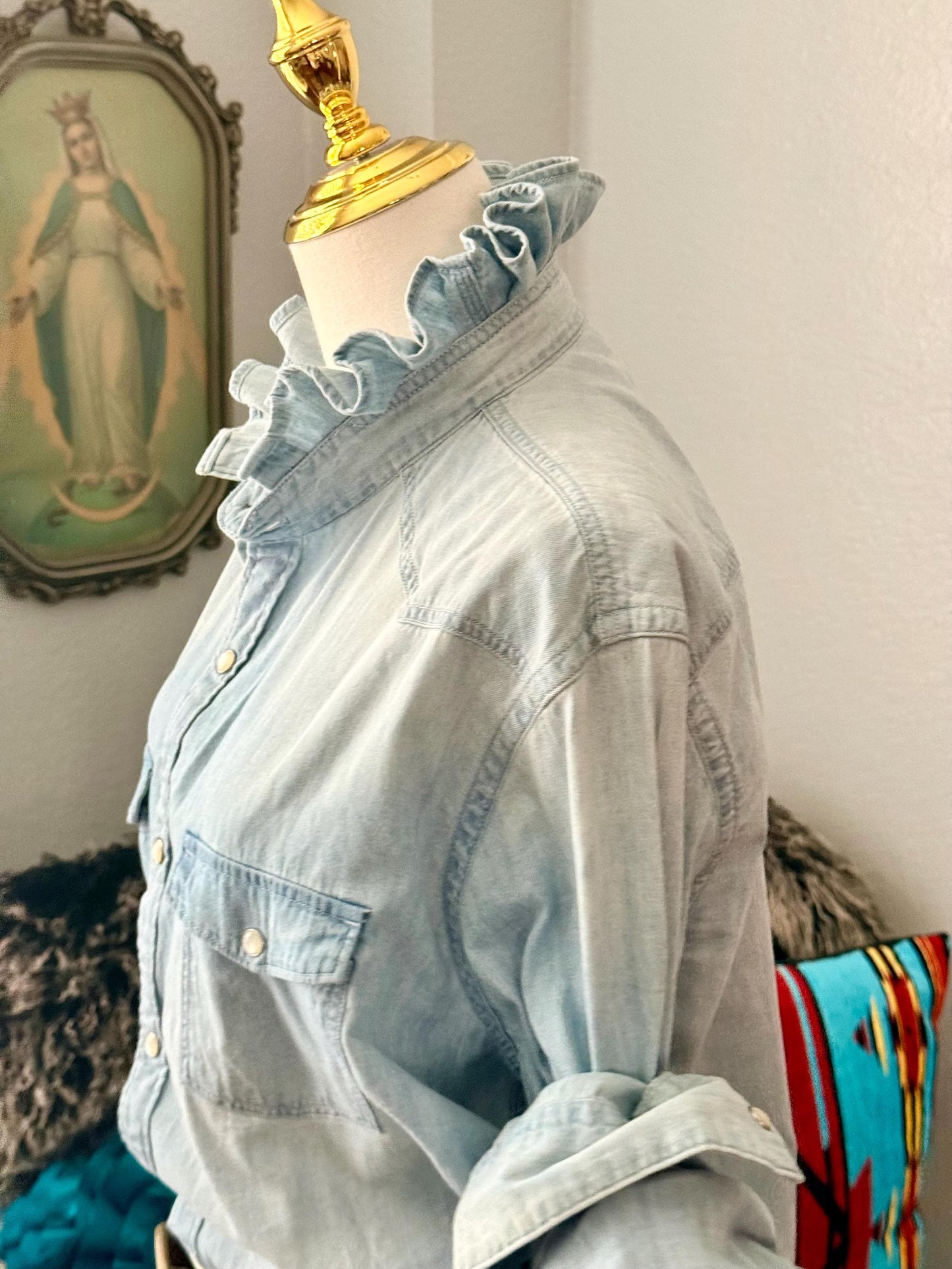 Reworked Light Wash and Light Weight Denim Snap Ruffle Collar Top