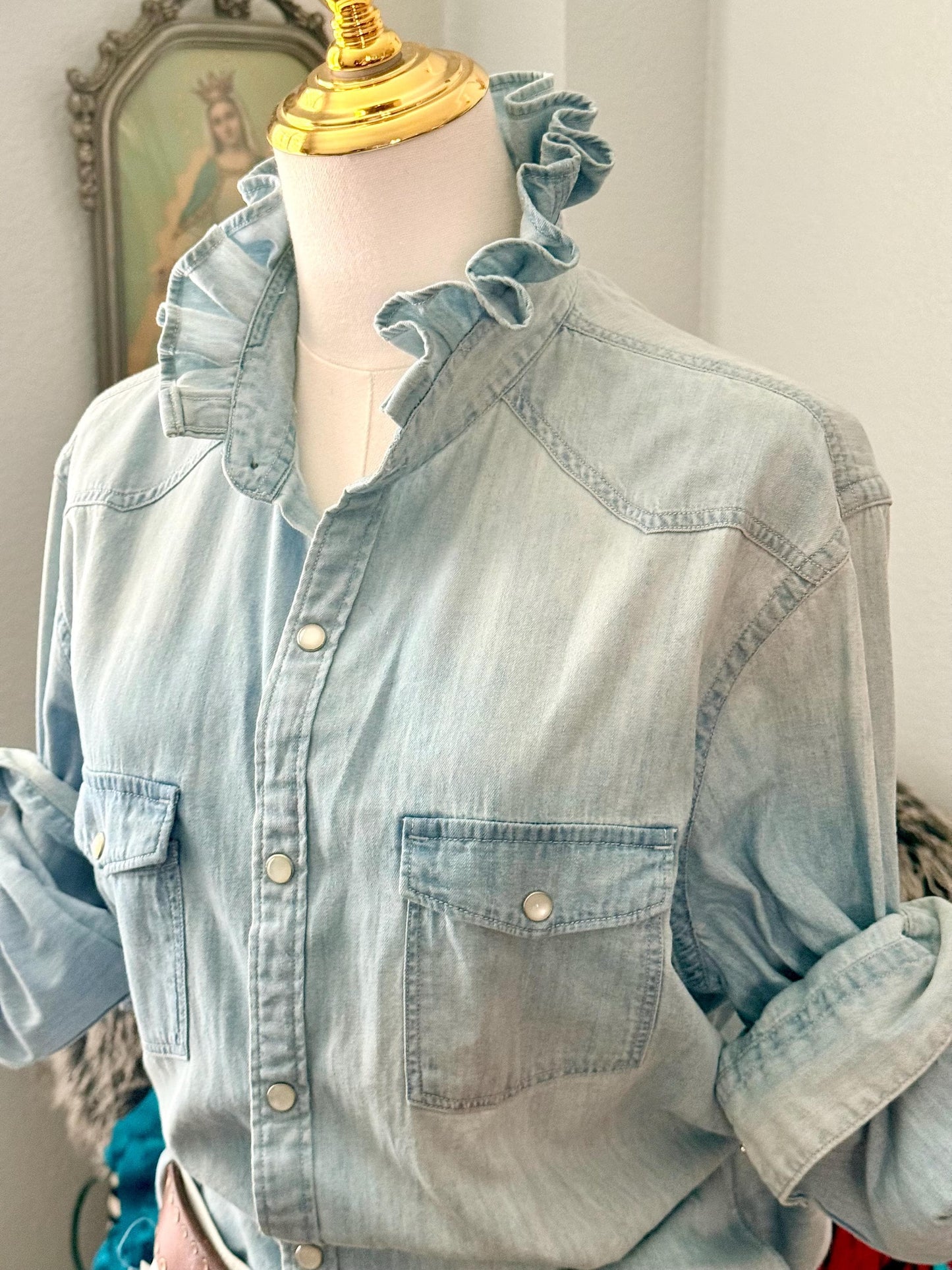 Reworked Light Wash and Light Weight Denim Snap Ruffle Collar Top