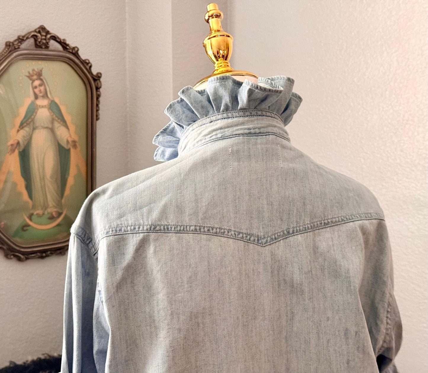 Reworked Light Wash and Light Weight Denim Snap Ruffle Collar Top