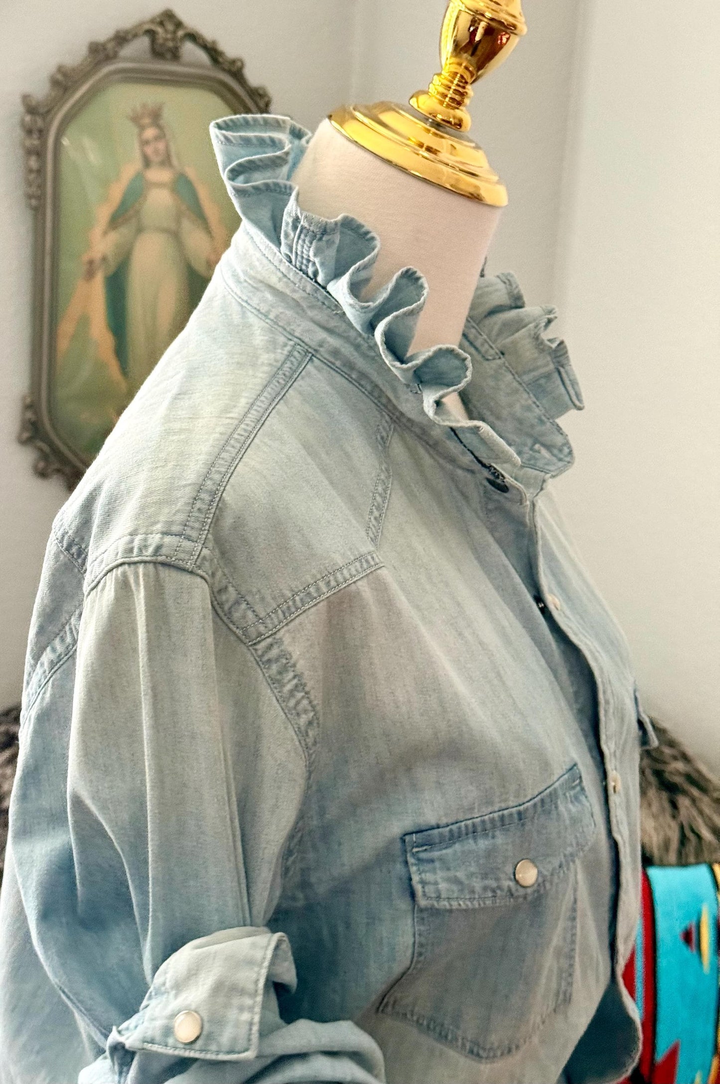 Reworked Light Wash and Light Weight Denim Snap Ruffle Collar Top