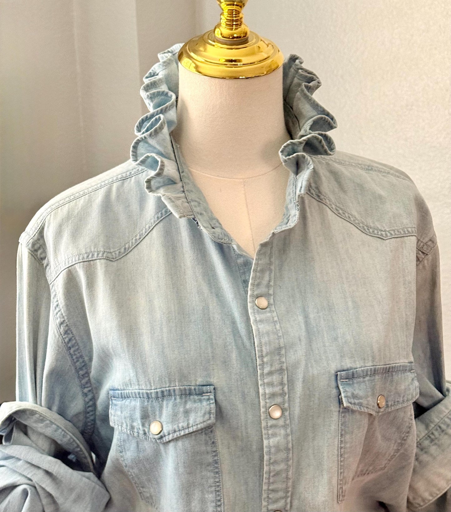 Reworked Light Wash and Light Weight Denim Snap Ruffle Collar Top